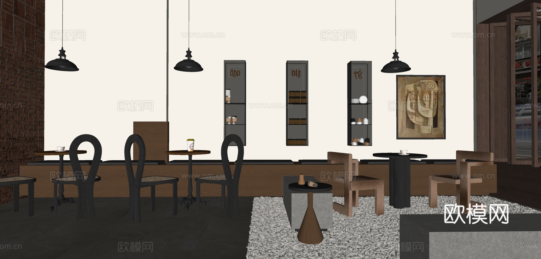 侘寂卡座桌椅 奶茶店卡座su模型下载（渲染图1）