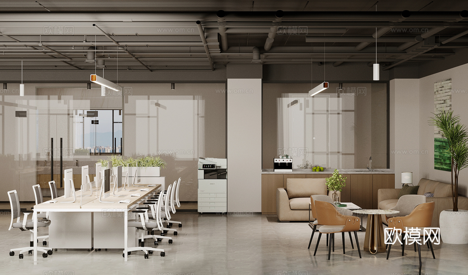 工业风办公室 公共办公区su模型下载（渲染图2）