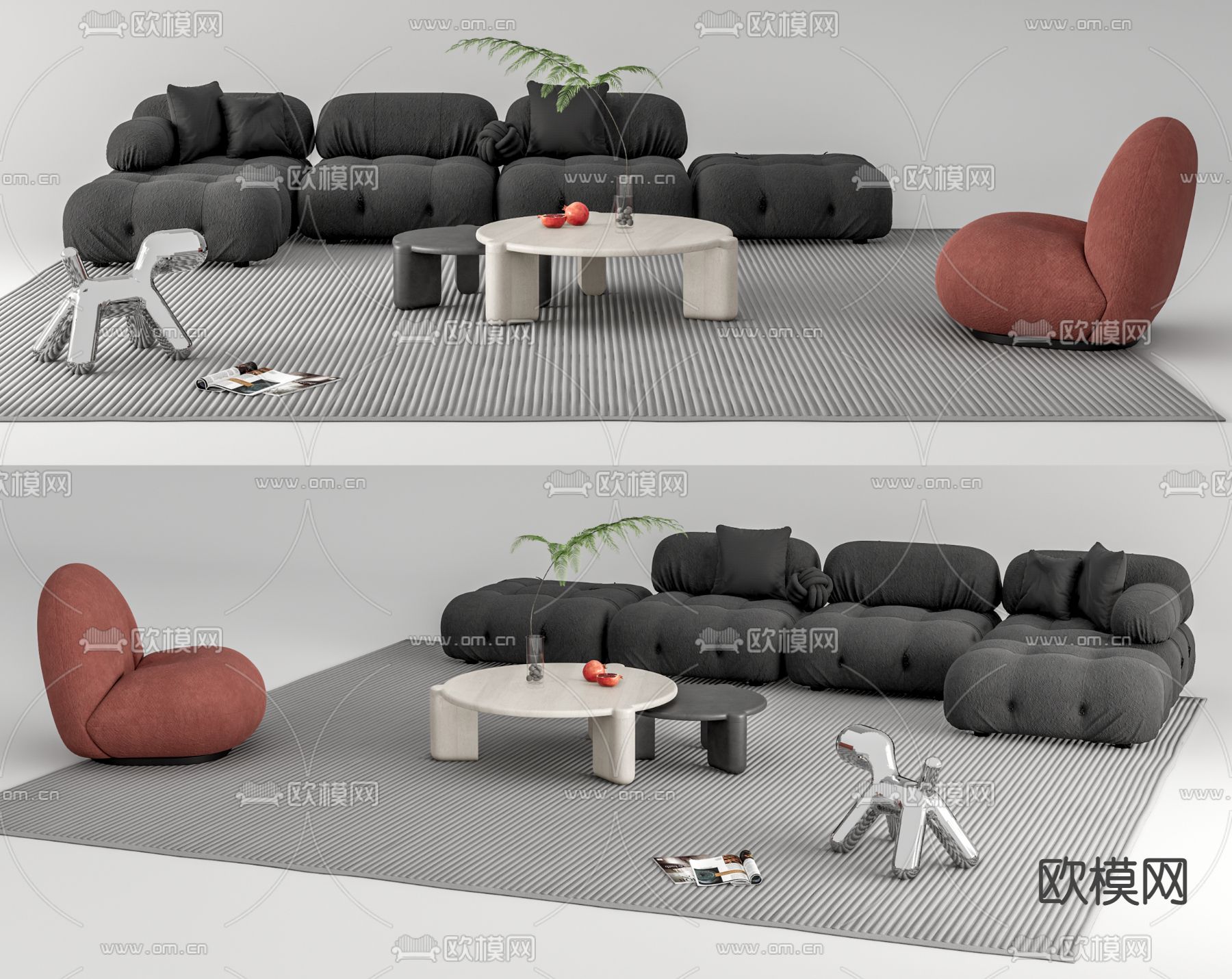 B&B Italia现代黑色转角组合沙发su模型下载（渲染图1）