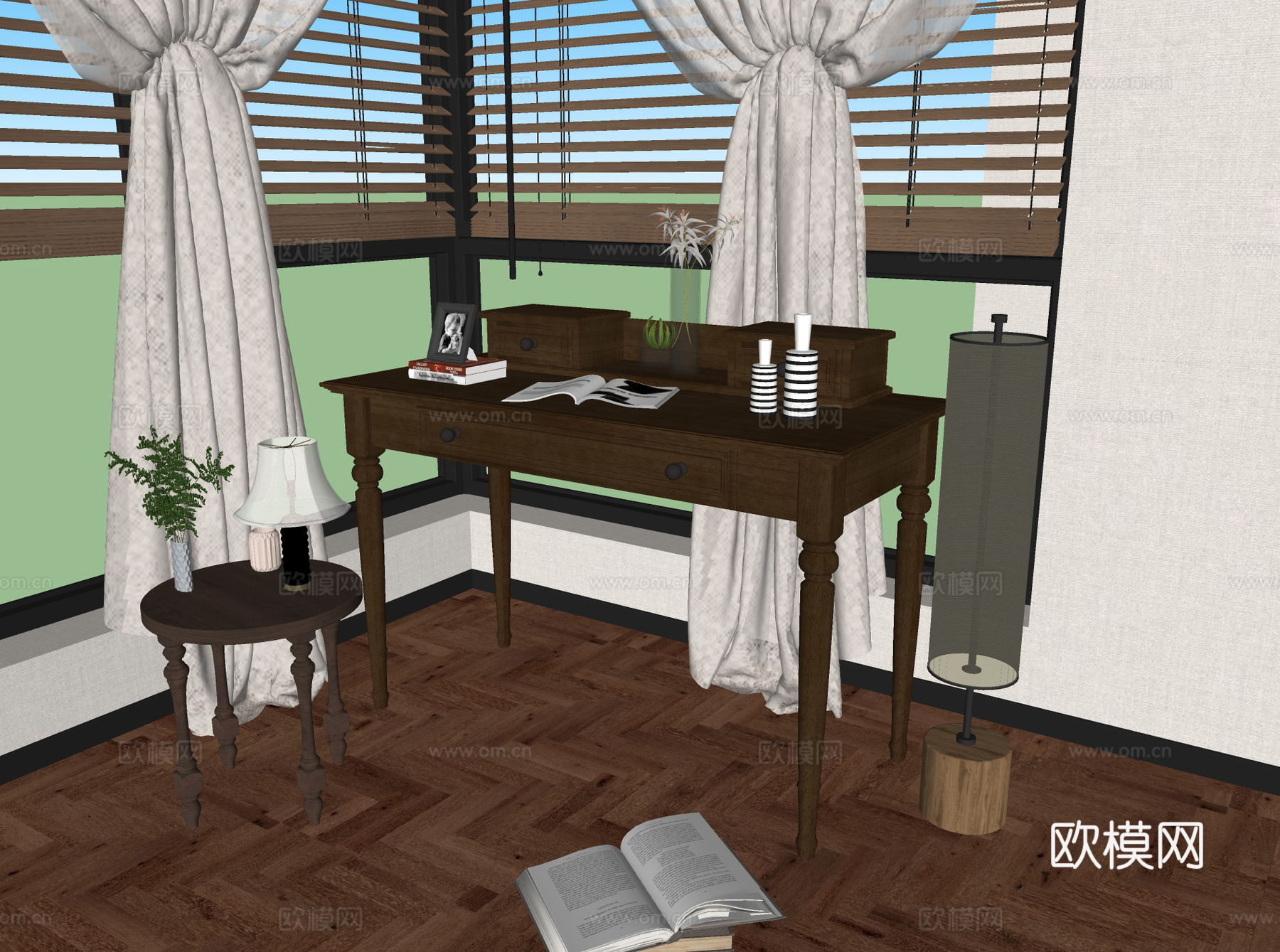 美式书桌 写字台 电脑桌su模型下载（渲染图1）