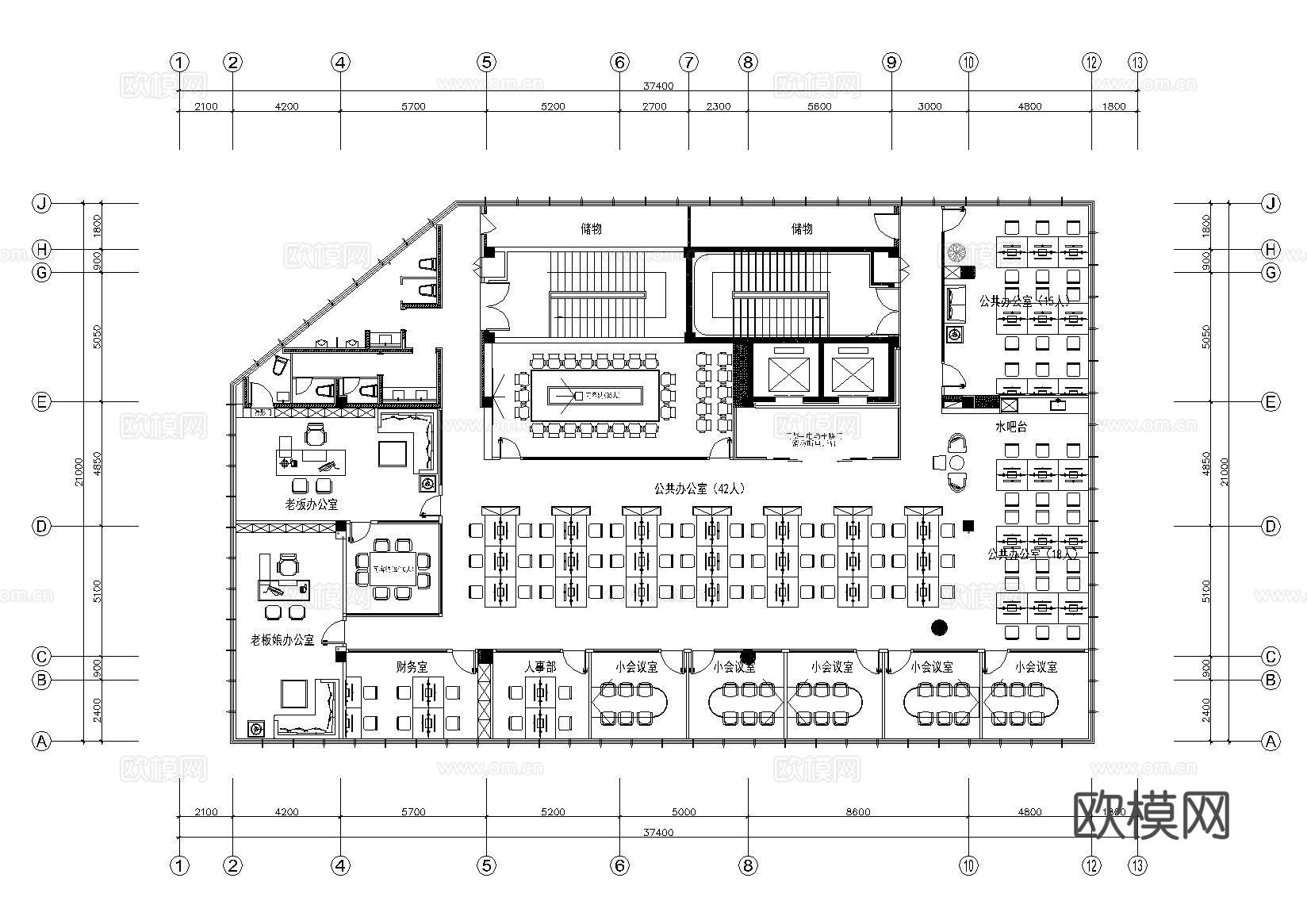 700平方办公室cad施工图