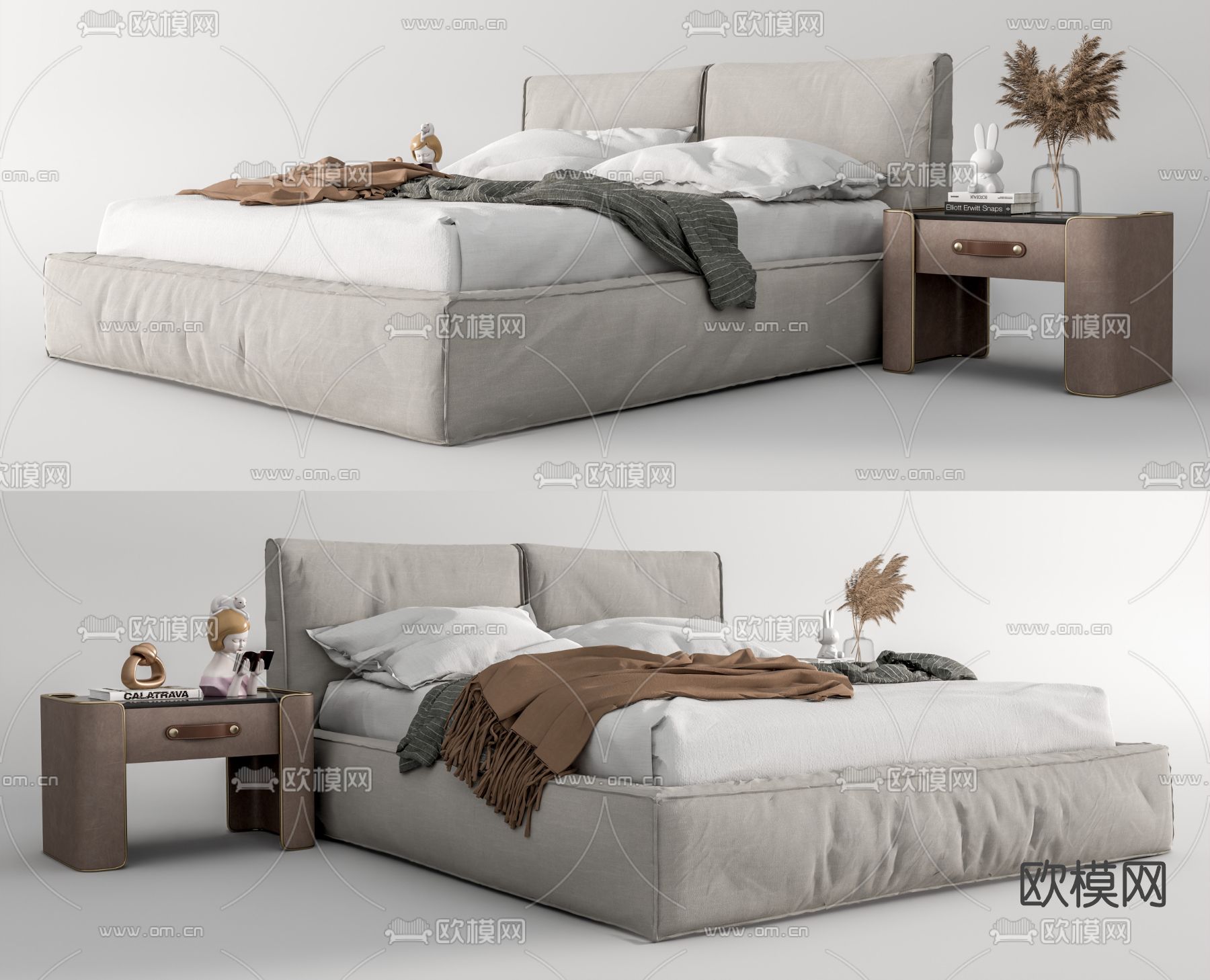 现代布艺双人床su模型下载（渲染图1）