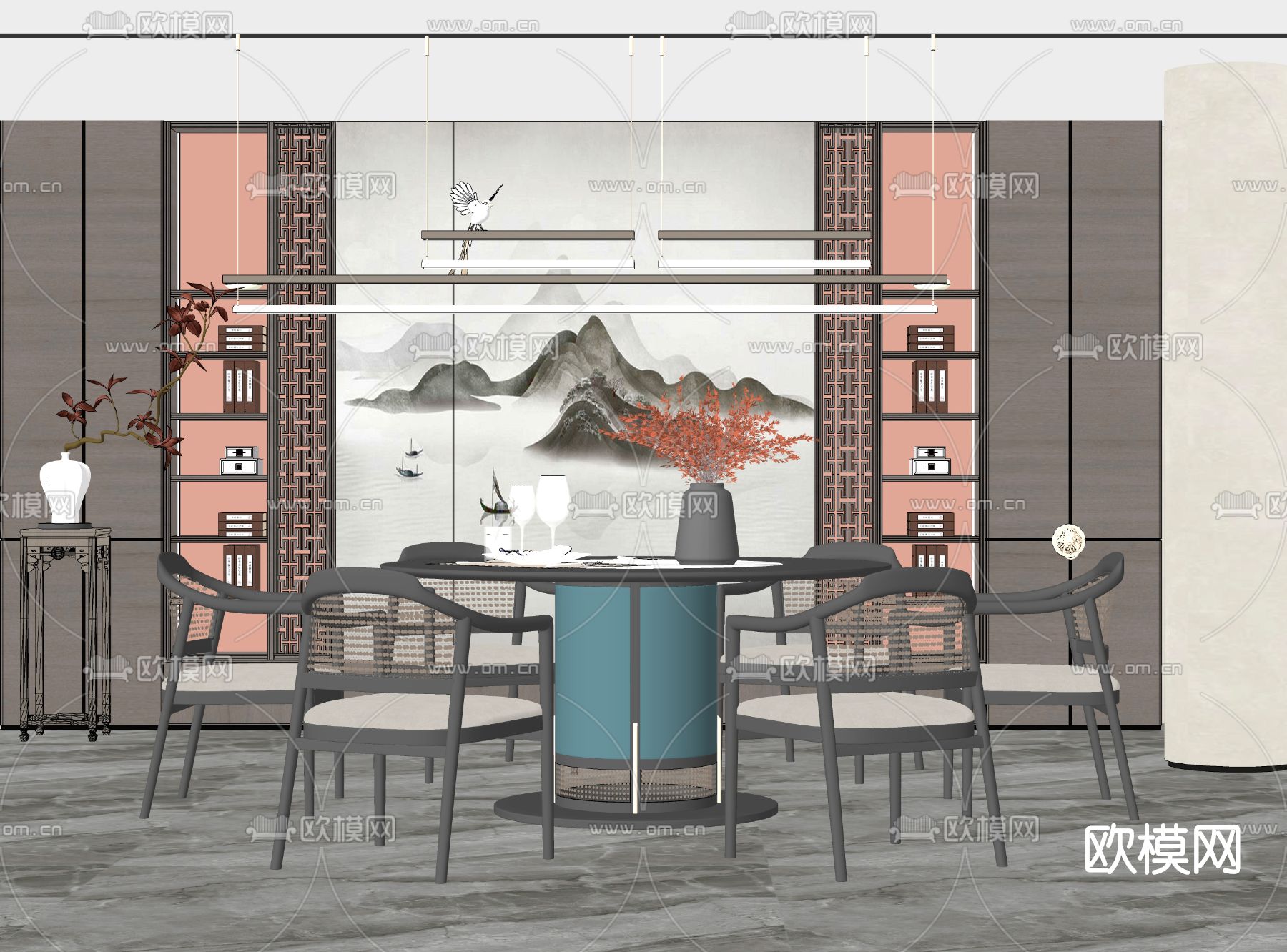 新中式圆形餐桌椅su模型