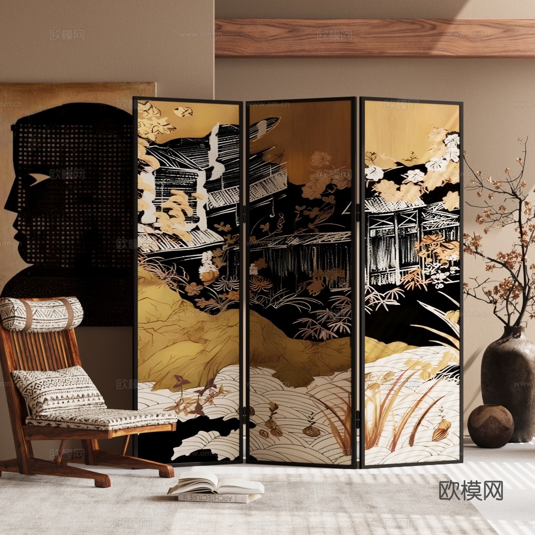 中古风屏风 折叠屏风su模型
