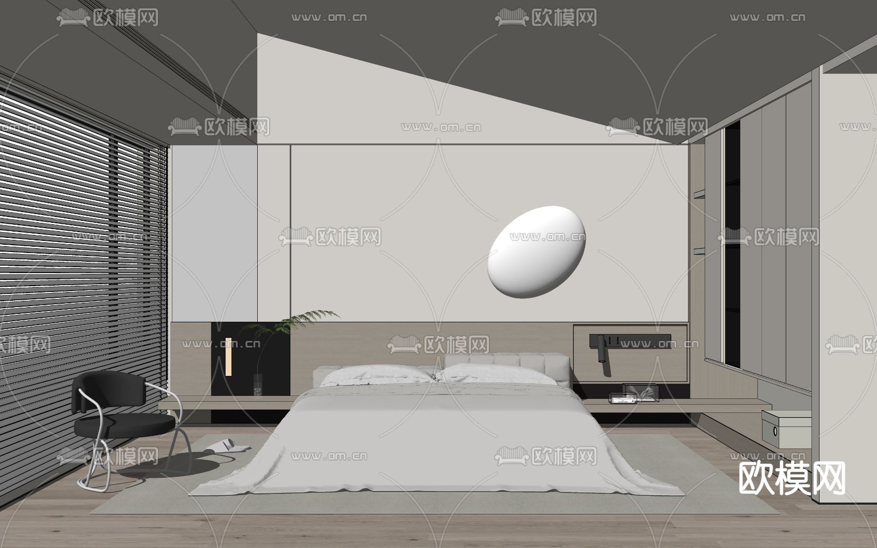 现代奶油白极简卧室主人房su模型