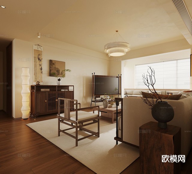 中式客厅 宋式美学客厅3d模型下载(渲染图1)