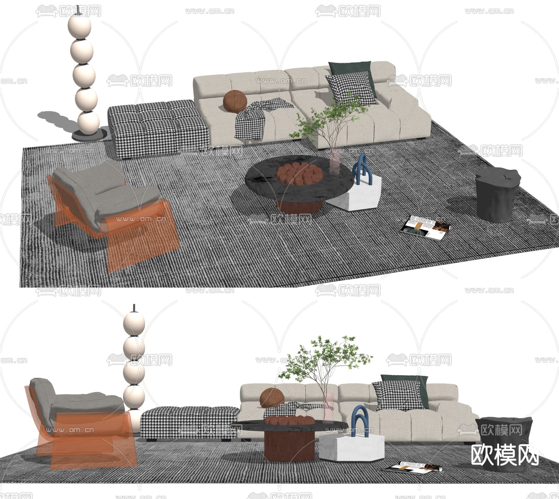现代布艺沙发组合su模型
