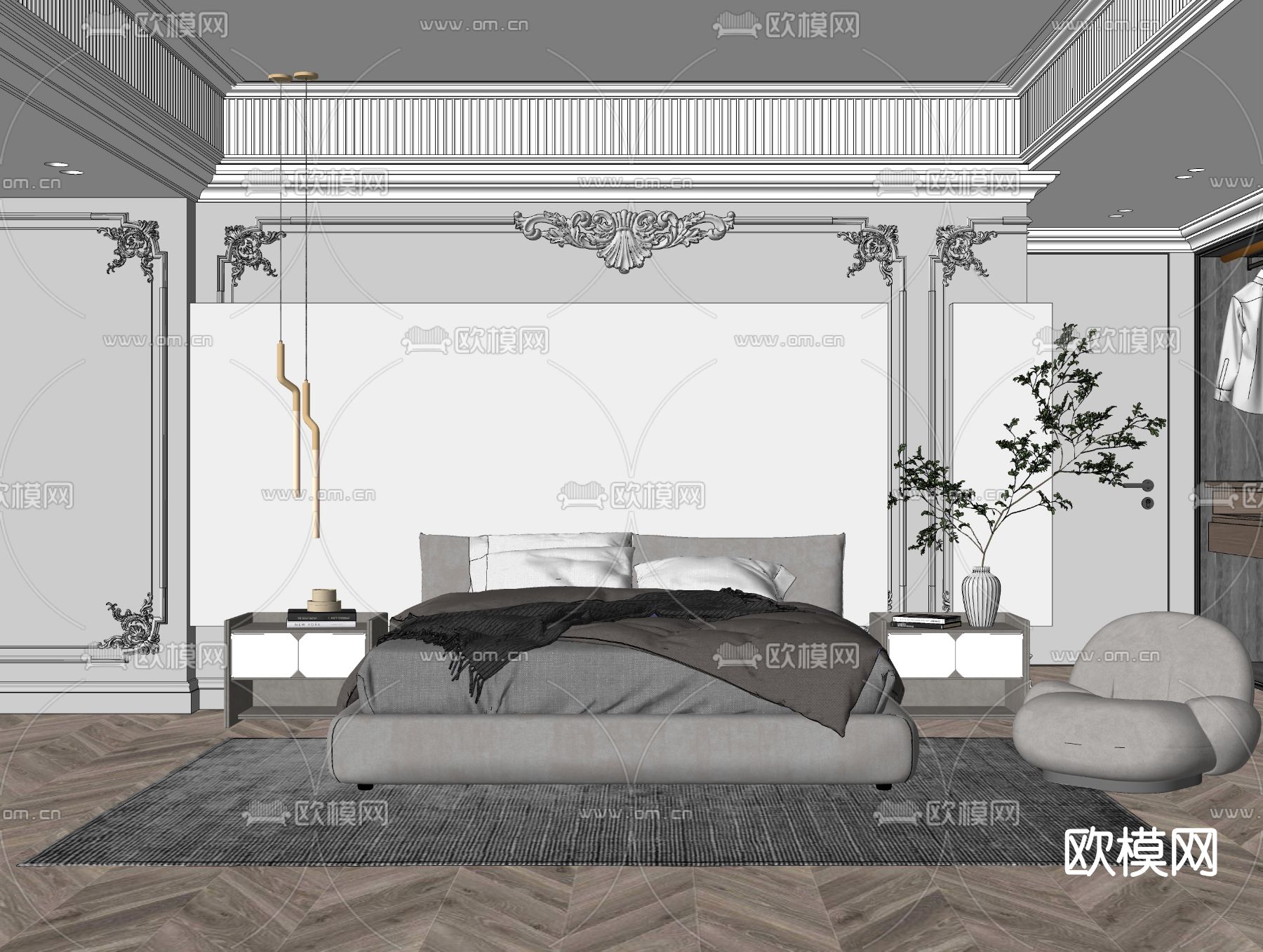 简欧卧室su模型下载（渲染图2）