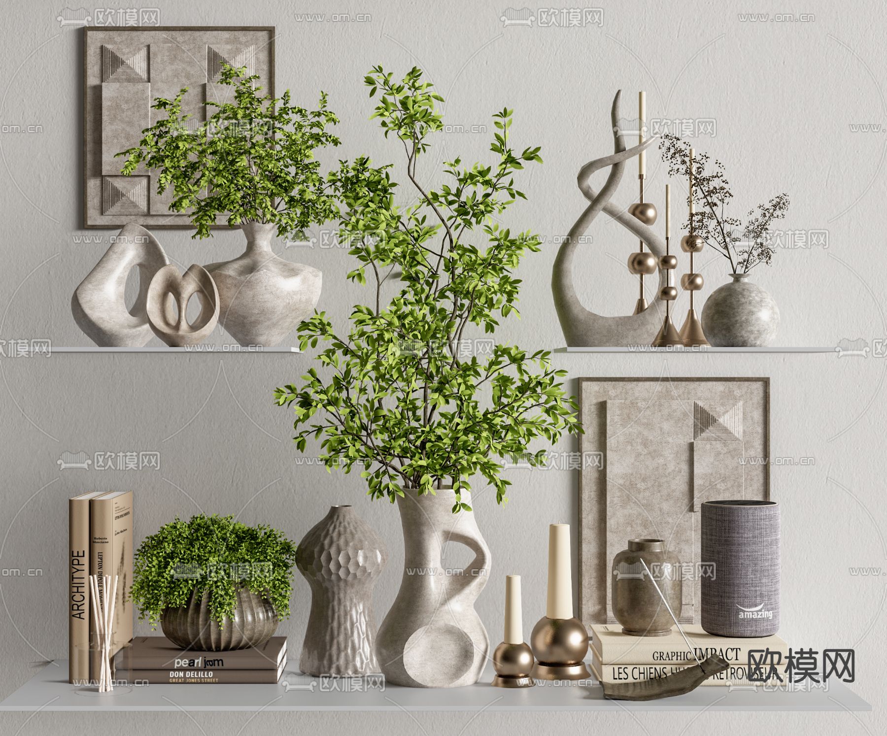 侘寂烛台书籍花瓶摆件su模型