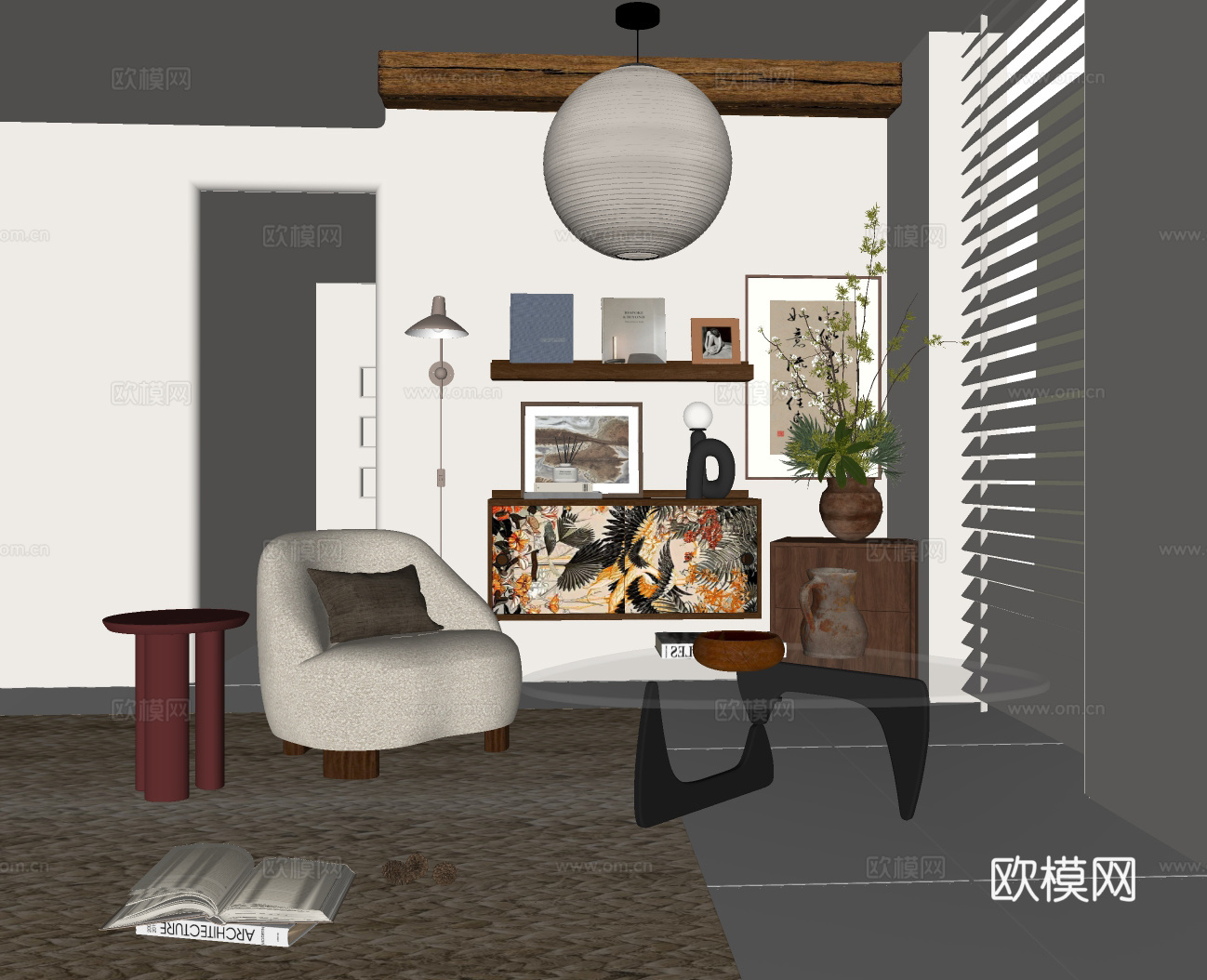 中古风单人沙发su模型下载（渲染图1）