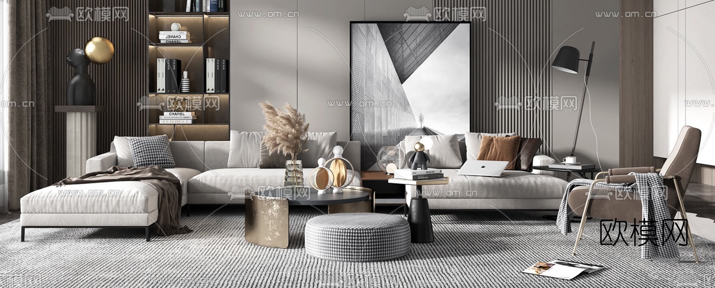 现代布艺组合沙发su模型下载（渲染图1）