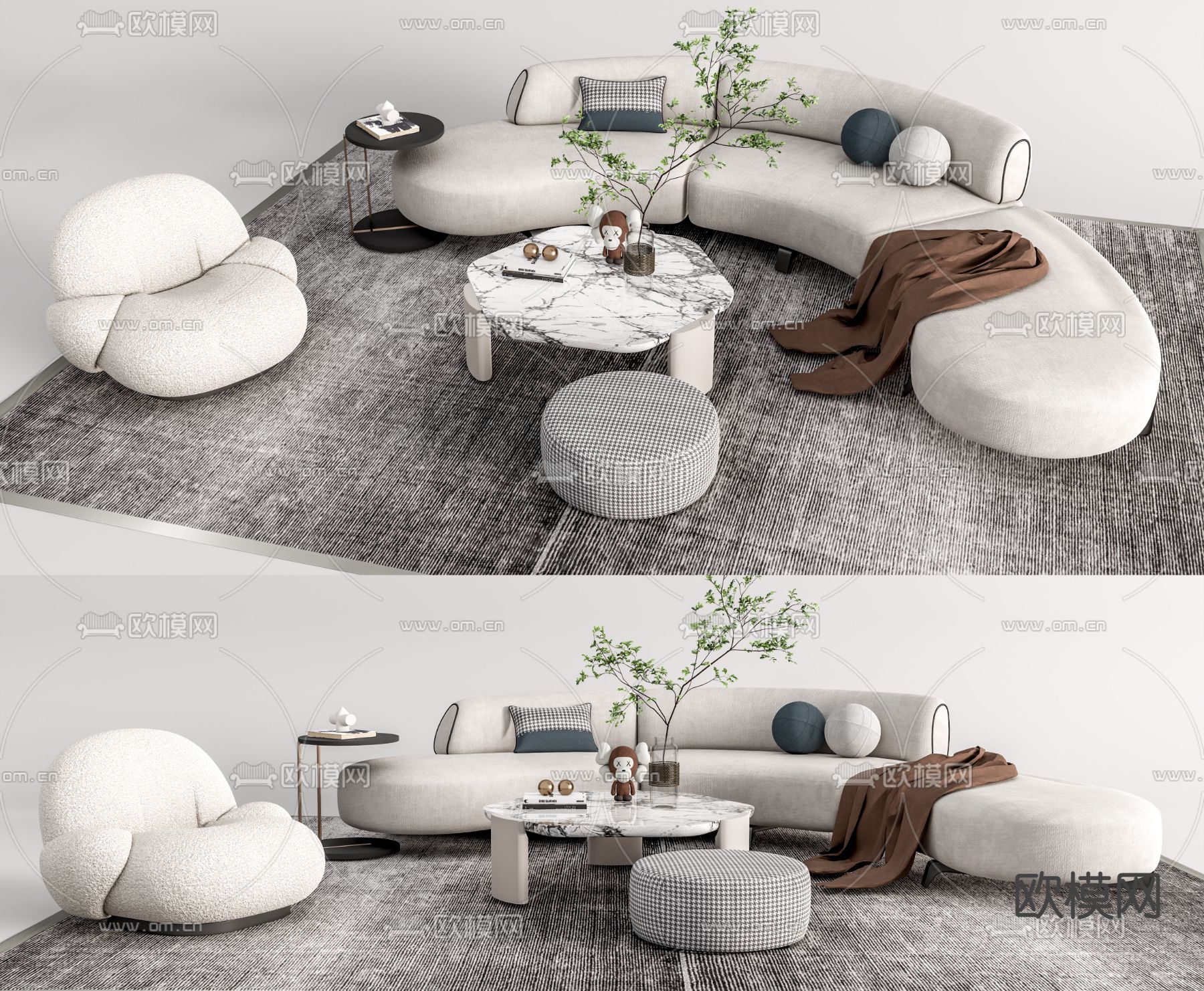 现代布艺弧形沙发su模型