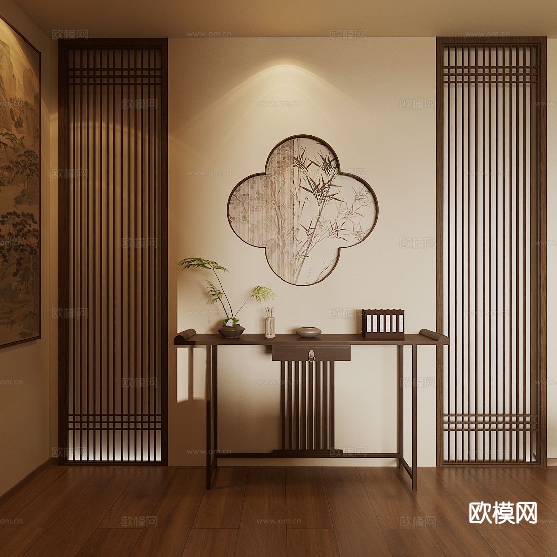 新中式条案 端景柜件su模型下载（渲染图2）