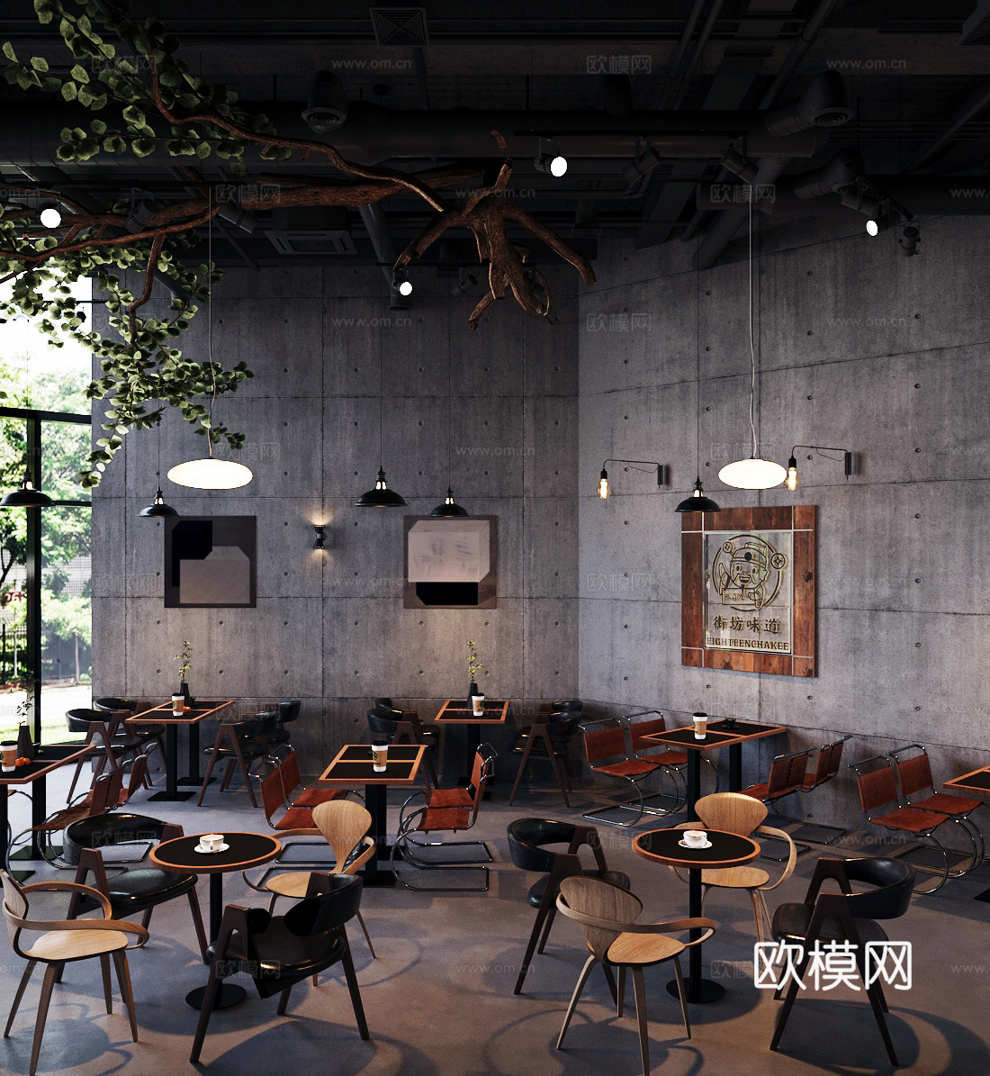 工业风咖啡厅 茶餐厅 快餐厅 奶茶店 西餐厅 咖啡桌椅su模型下载（渲染图2）