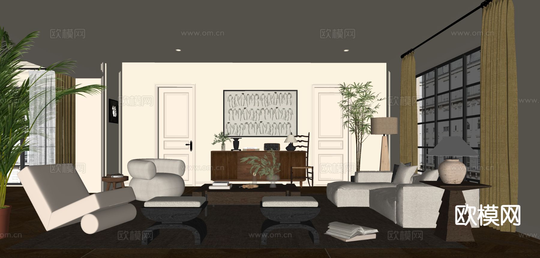 中古风客厅su模型下载（渲染图1）