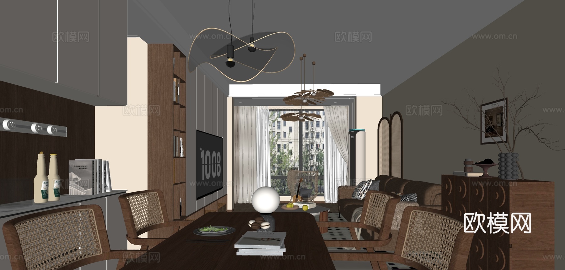 中古风客餐厅 大平层客餐厅 沙发茶几组合 中古风餐桌椅su模型