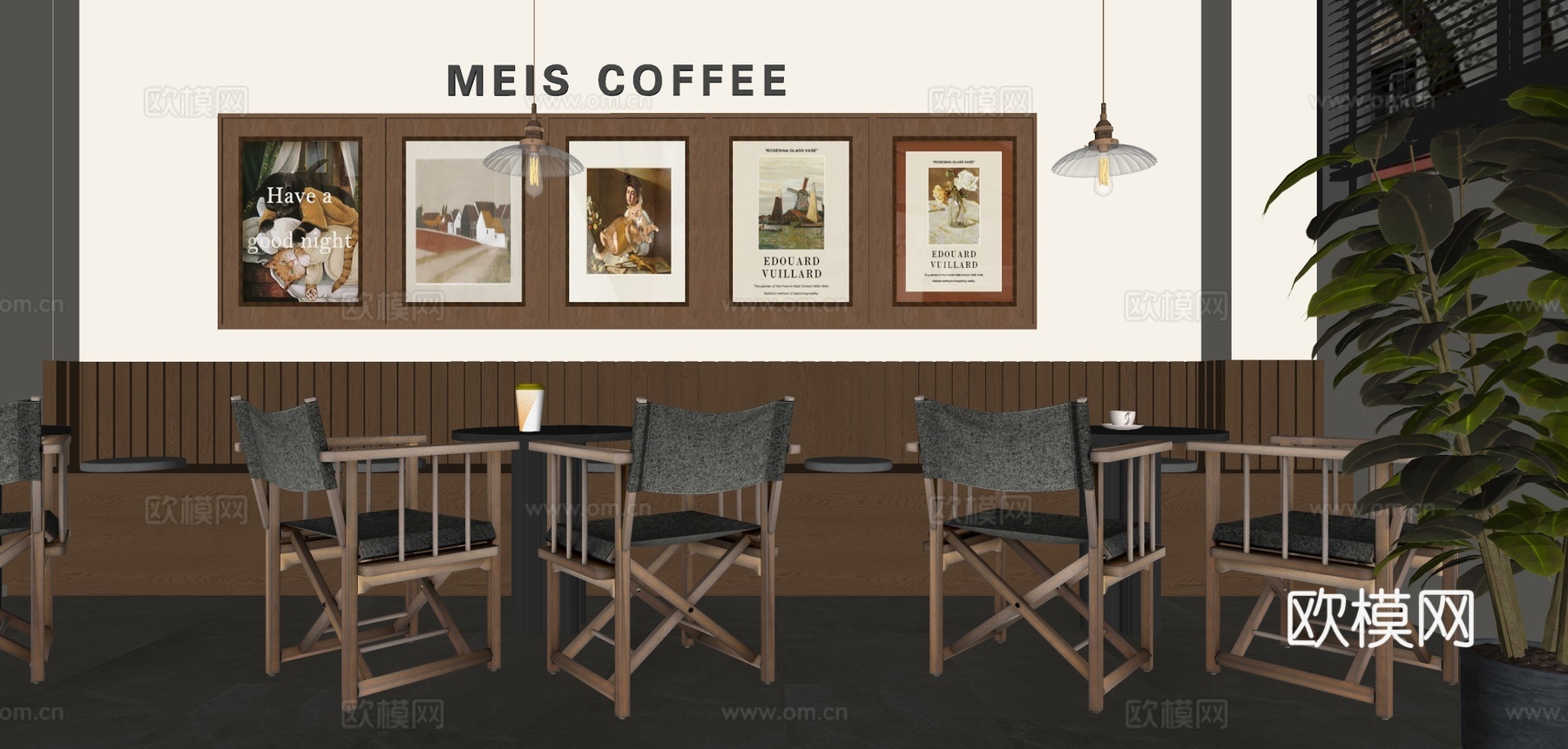 侘寂奶茶店就餐区 卡座桌椅 奶茶店卡座su模型下载（渲染图1）