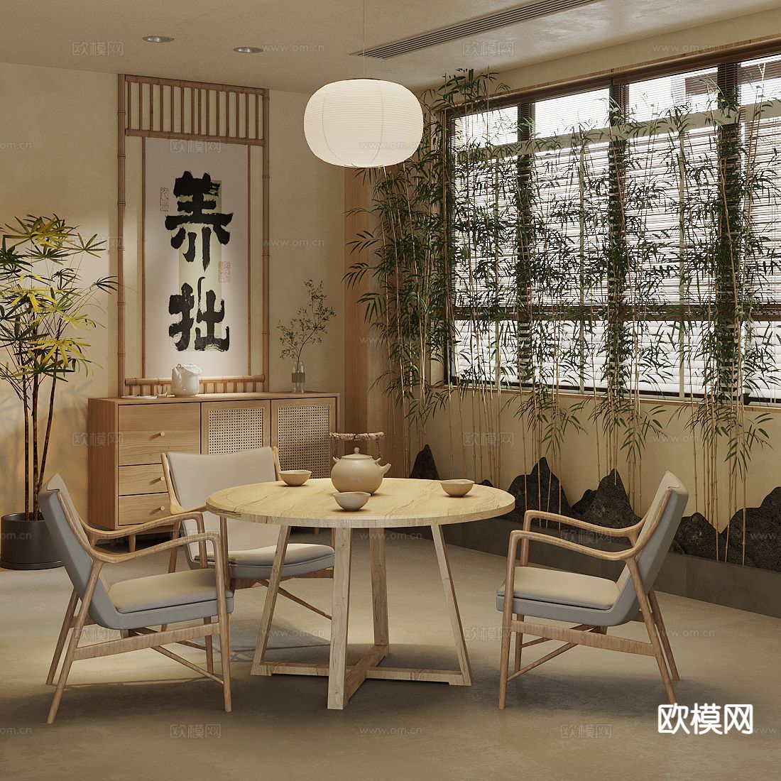 新中式茶室su模型下载（渲染图2）