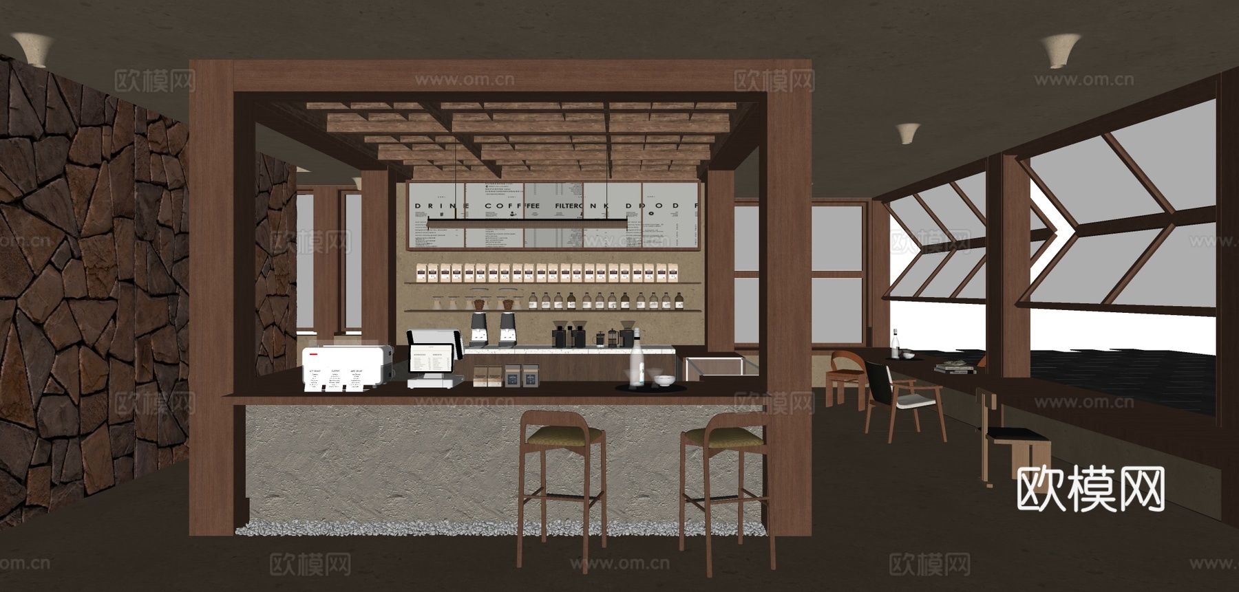 原木风咖啡厅su模型下载（渲染图1）