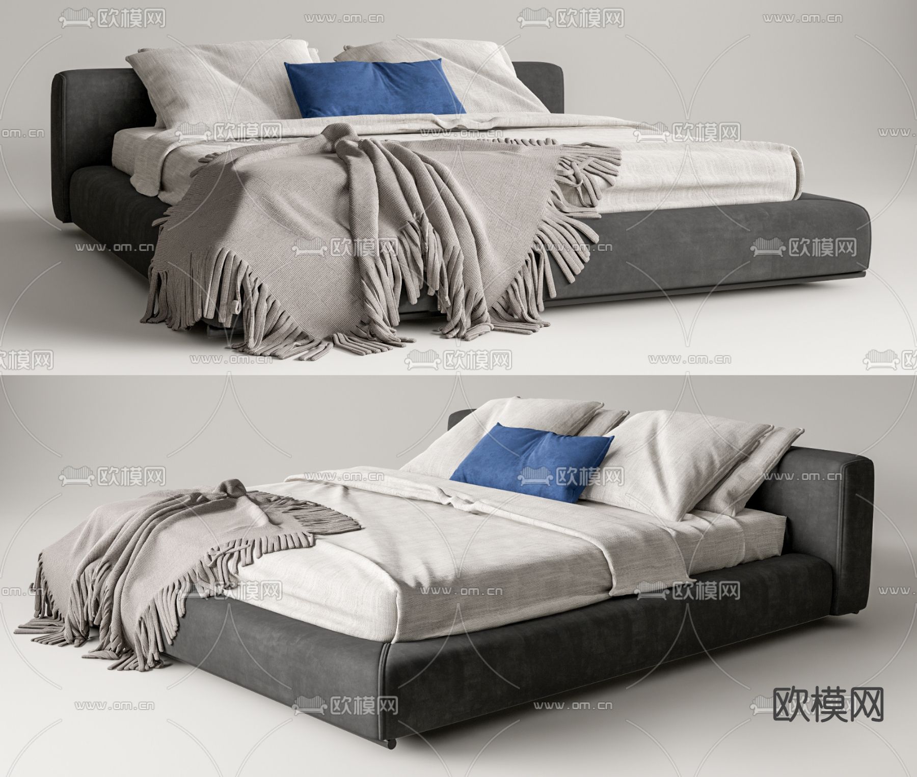 Flexform 现代灰色双人床su模型下载（渲染图1）