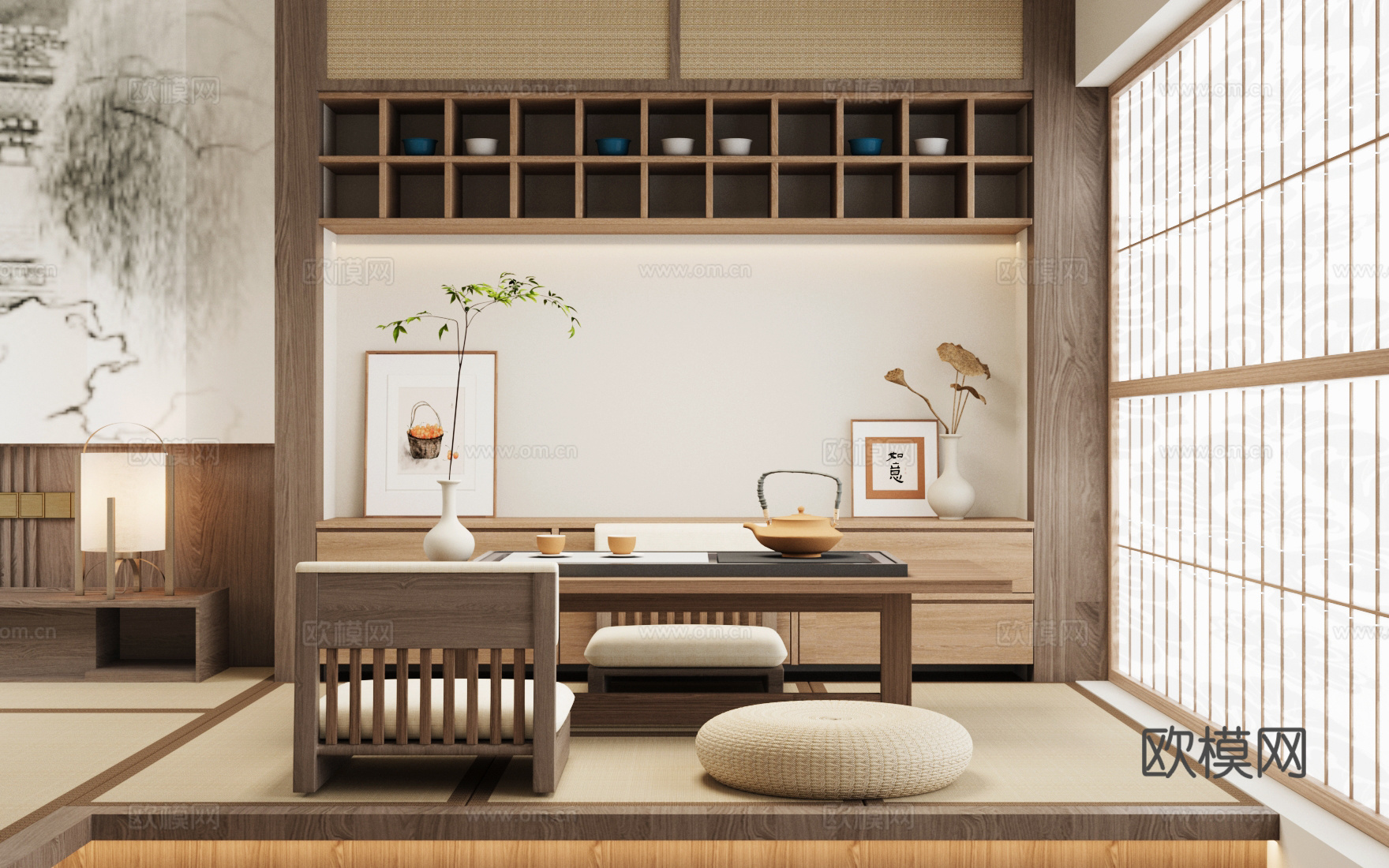新中式榻榻米茶桌3d模型下载