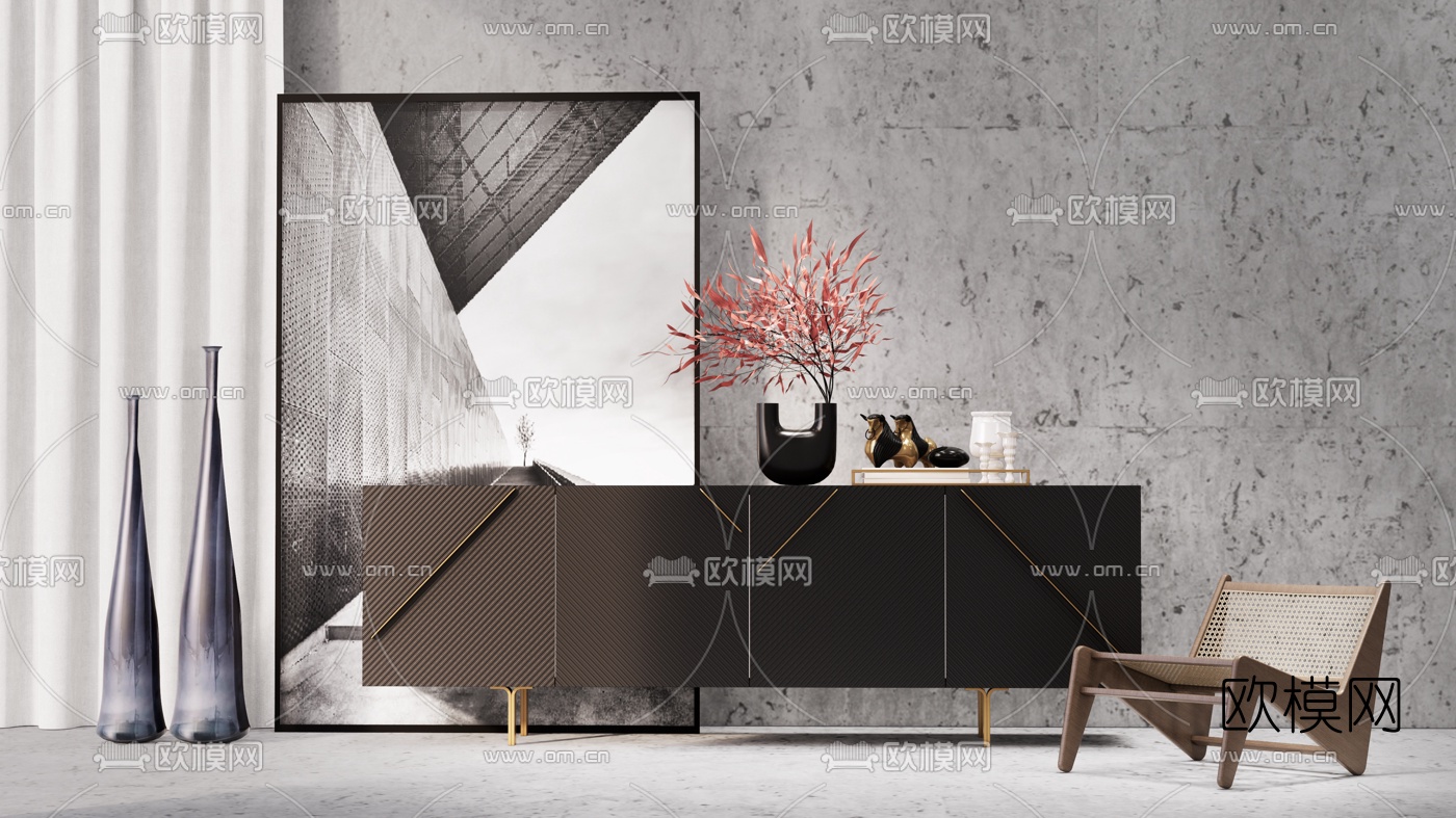 现代轻奢边柜su模型下载（渲染图1）