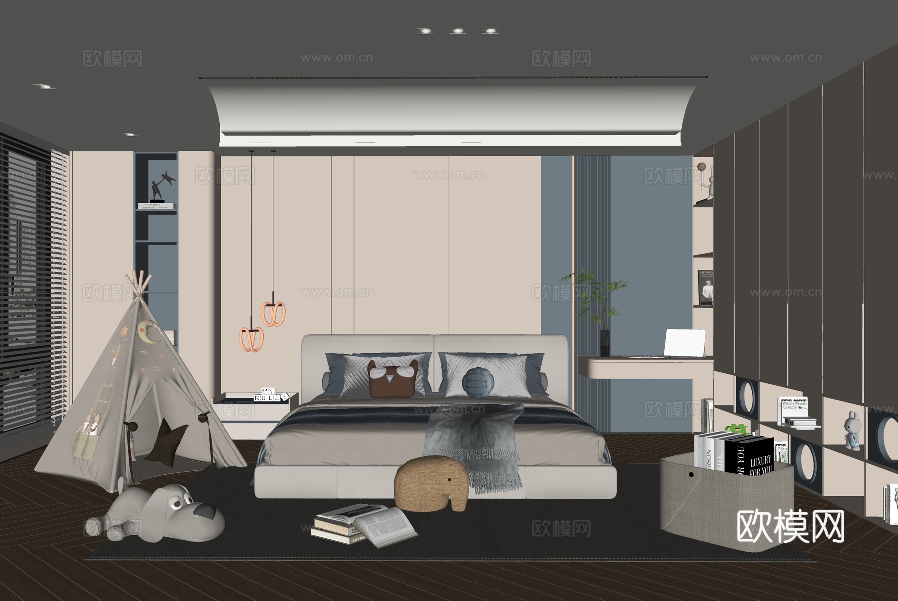 奶油风儿童房 儿童双人床 床头柜 玩具玩偶 高级灰卧室 儿童su模型