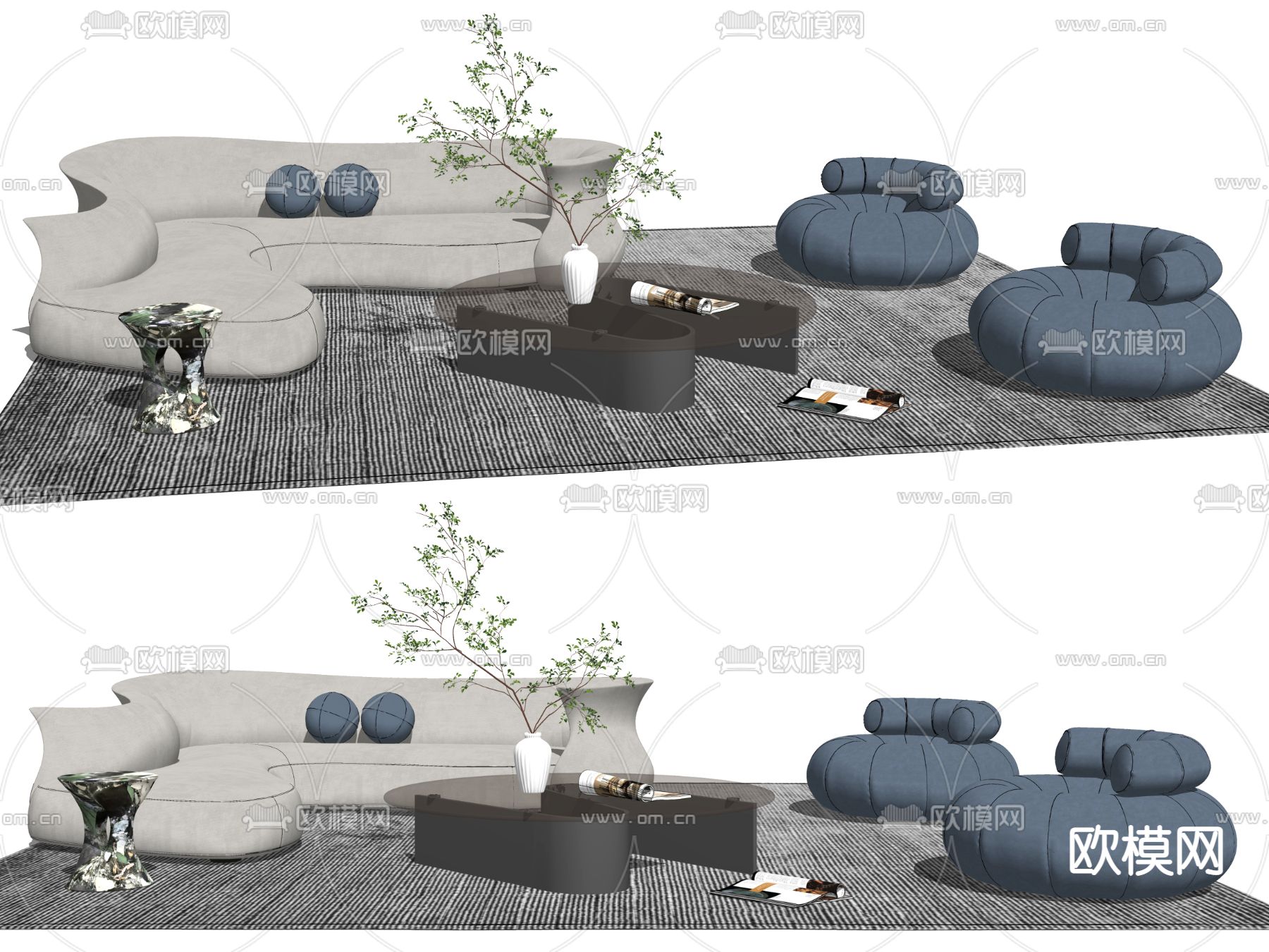 现代布艺沙发组合su模型