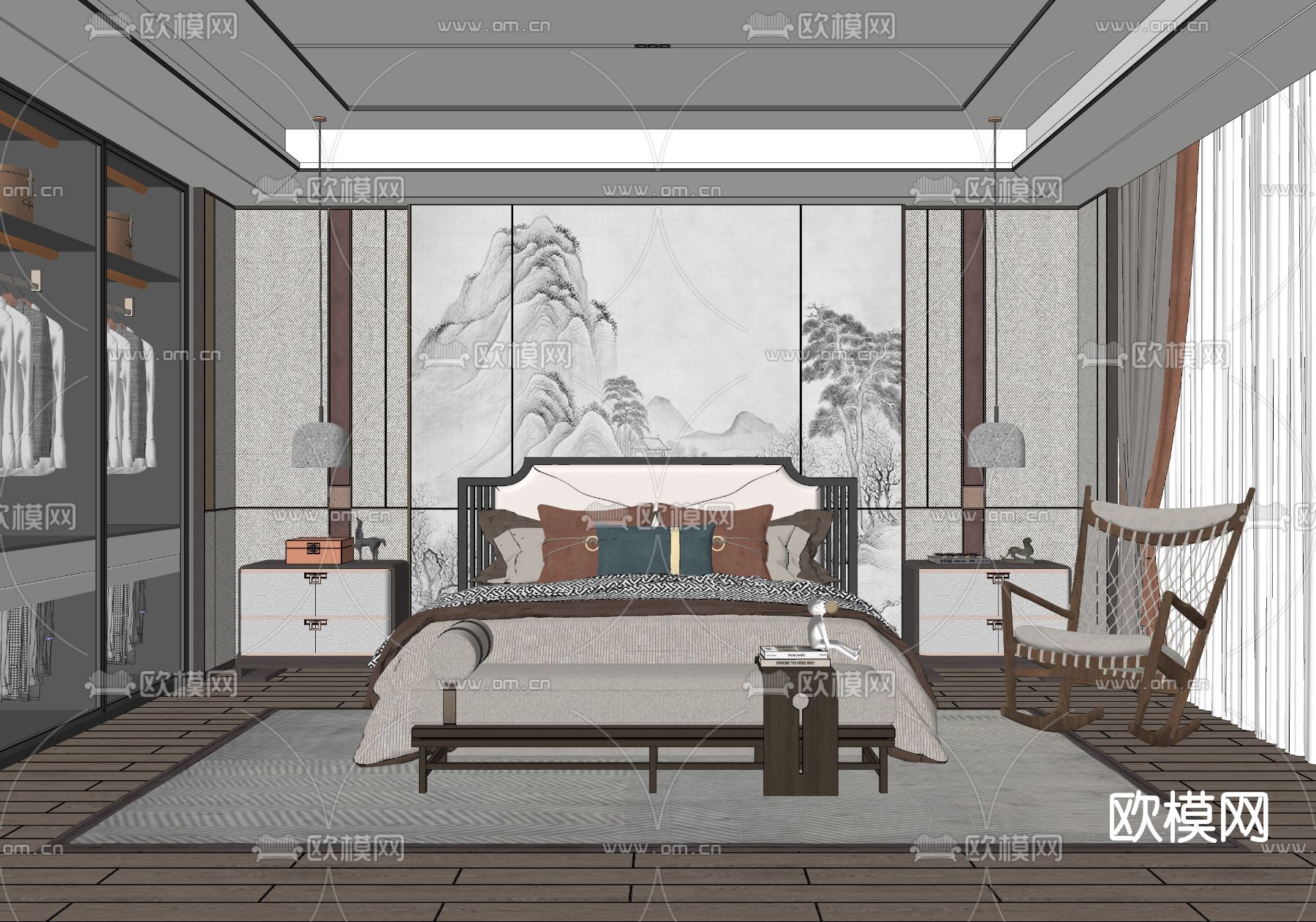 新中式卧室主人房su模型下载（渲染图2）
