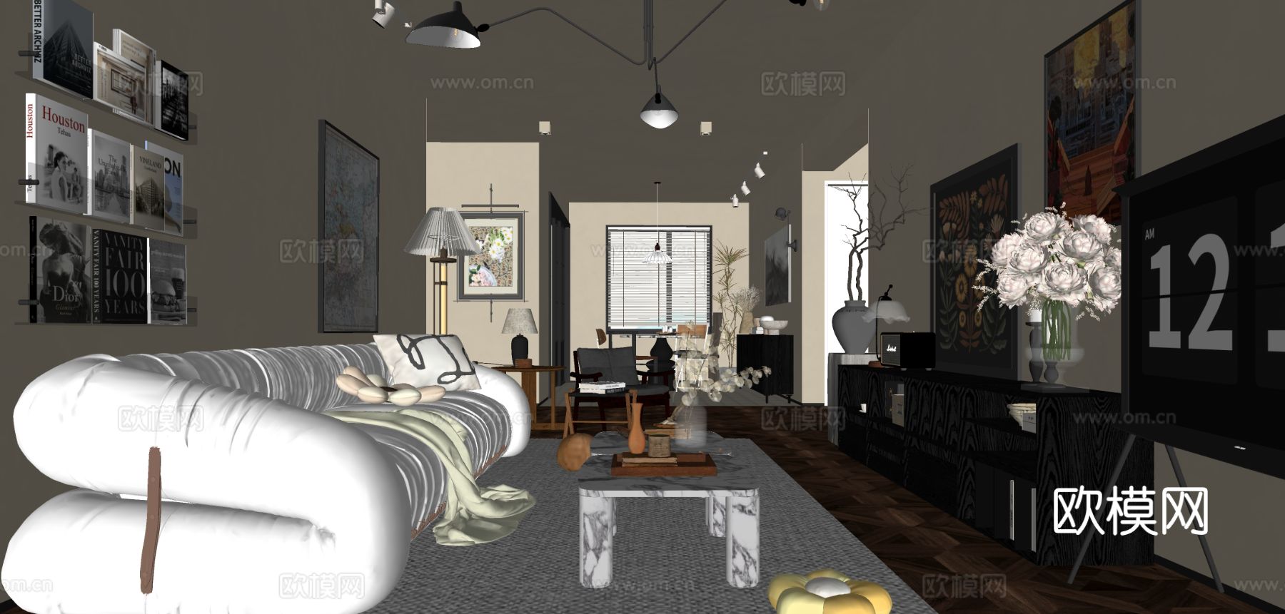 中古风客餐厅su模型下载（渲染图1）