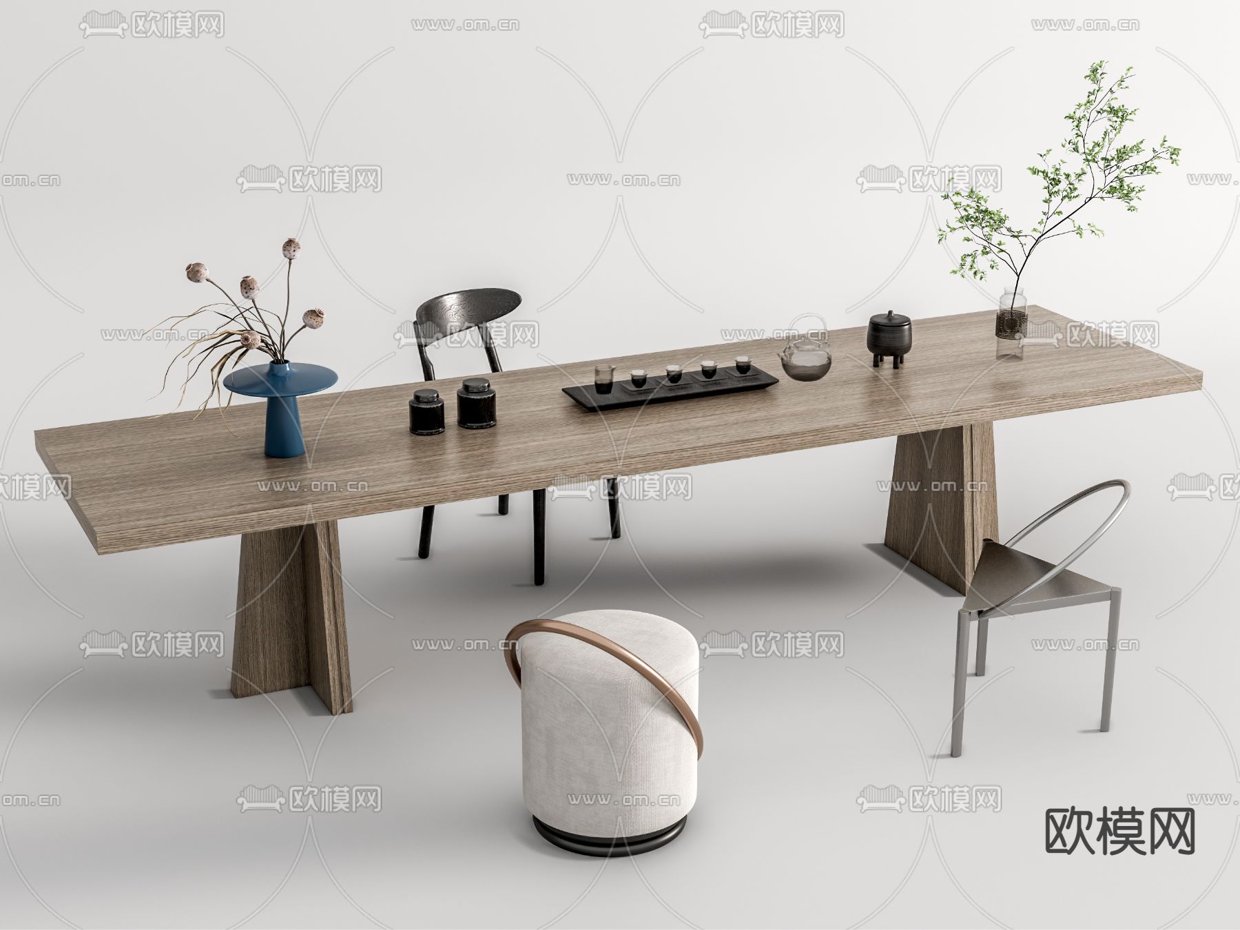 新中式实木茶桌椅su模型