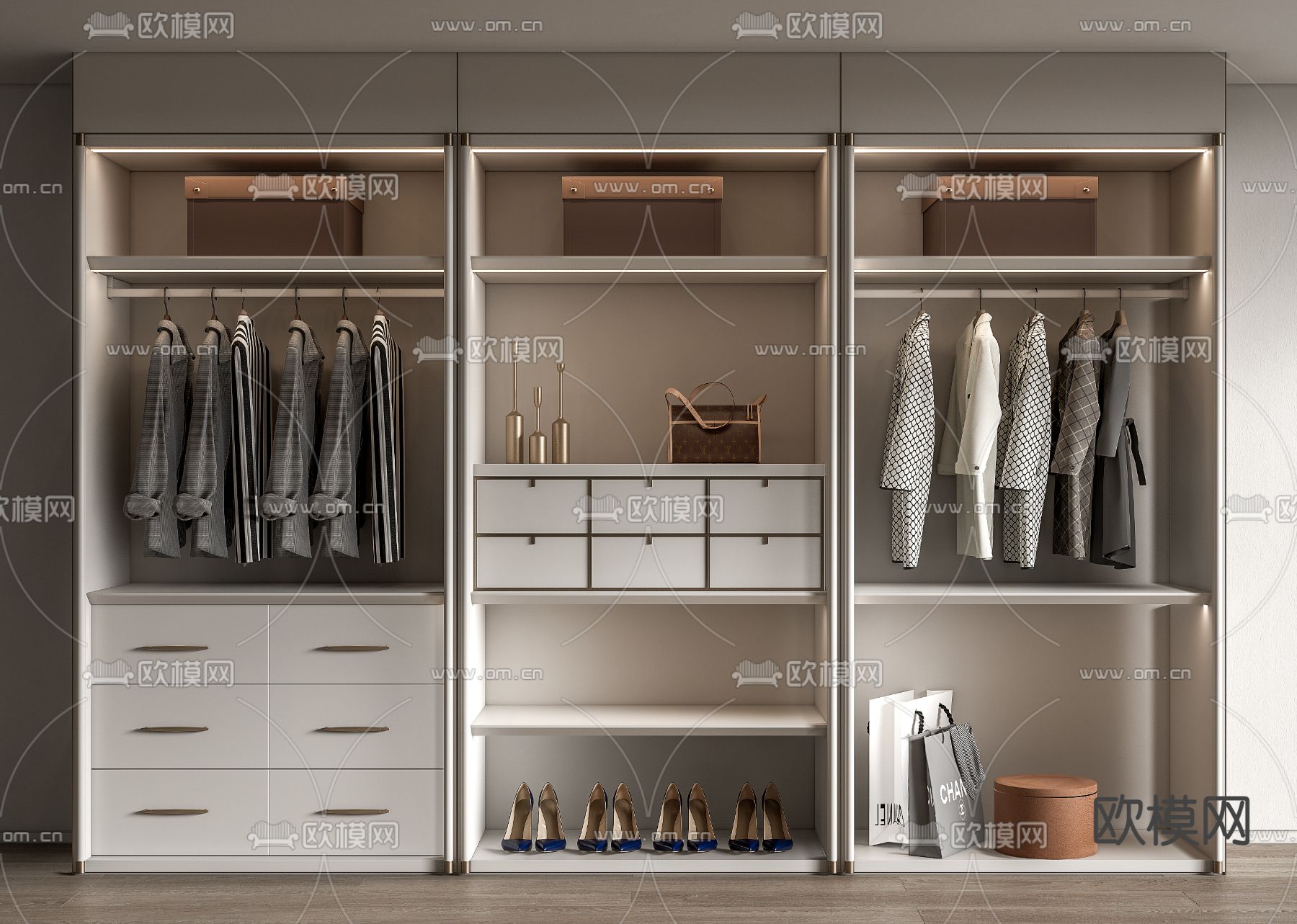 现代开放式衣柜su模型下载（渲染图1）