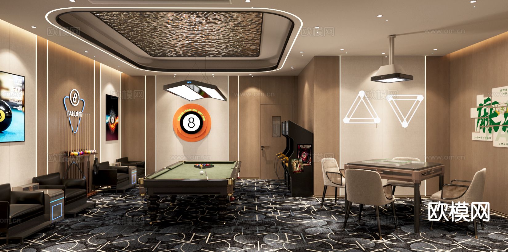 现代台球室 棋牌室3d模型下载（渲染图3）