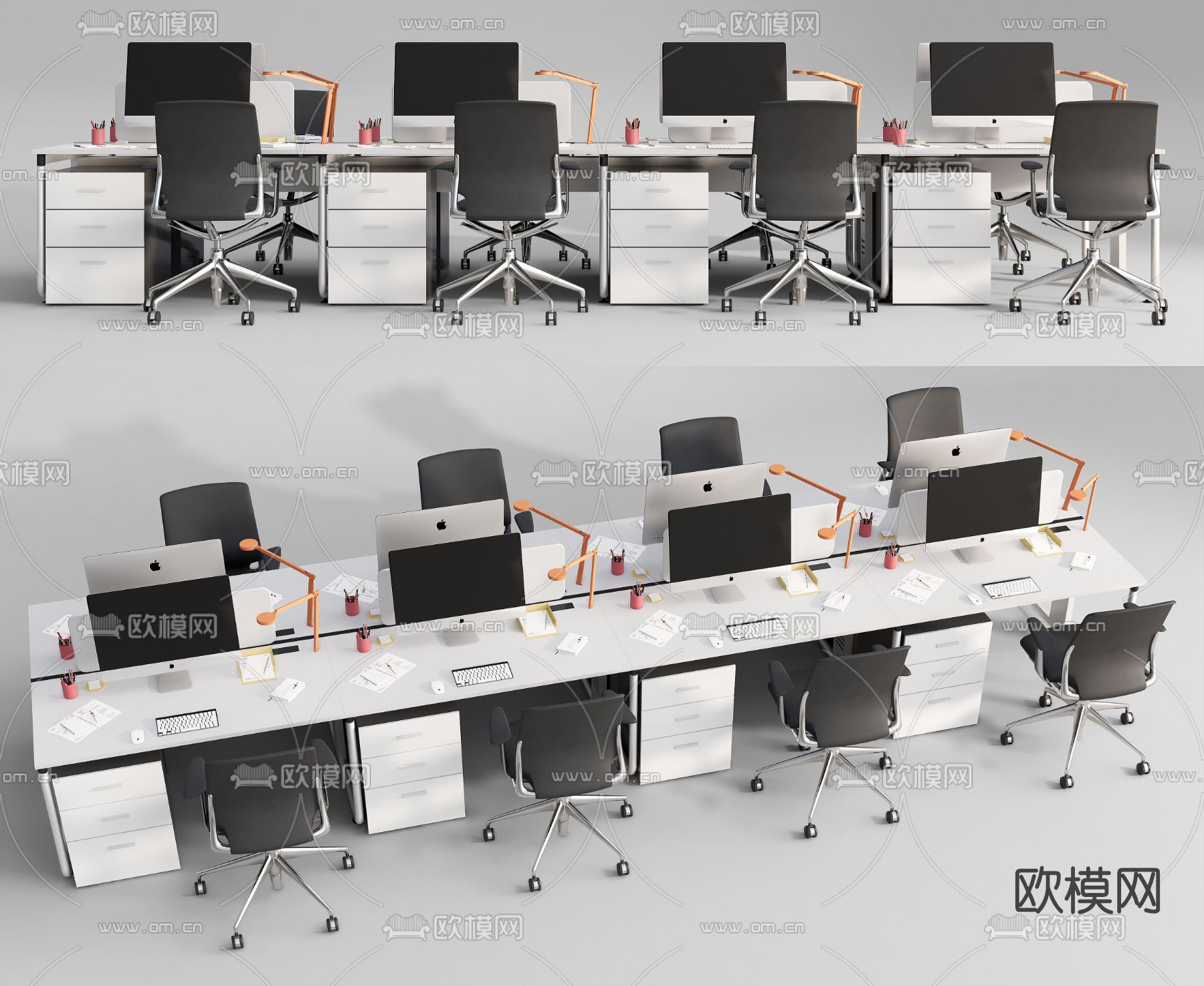 现代办公桌椅卡位su模型下载（渲染图1）