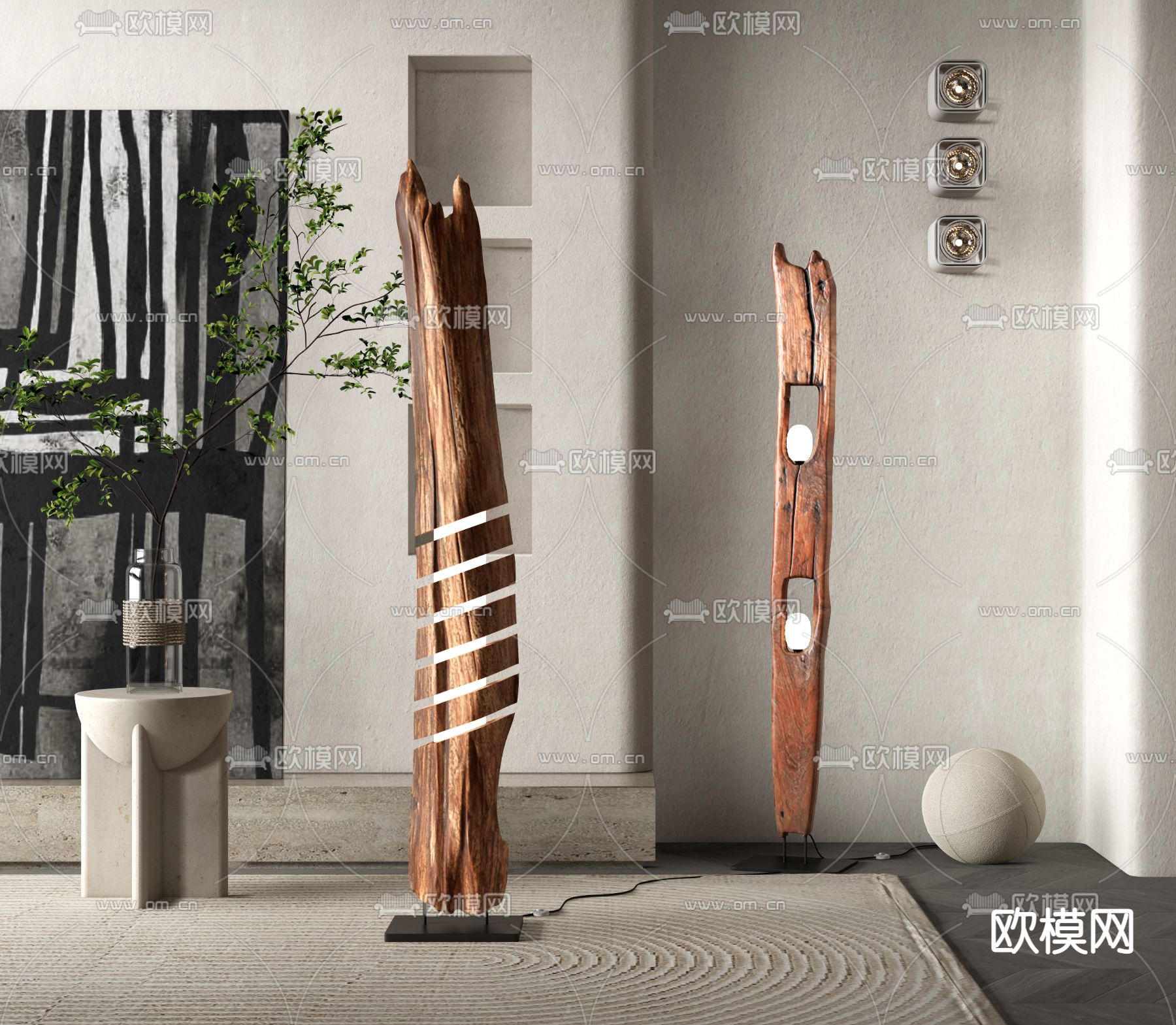 侘寂风雕塑落地灯su模型下载（渲染图1）