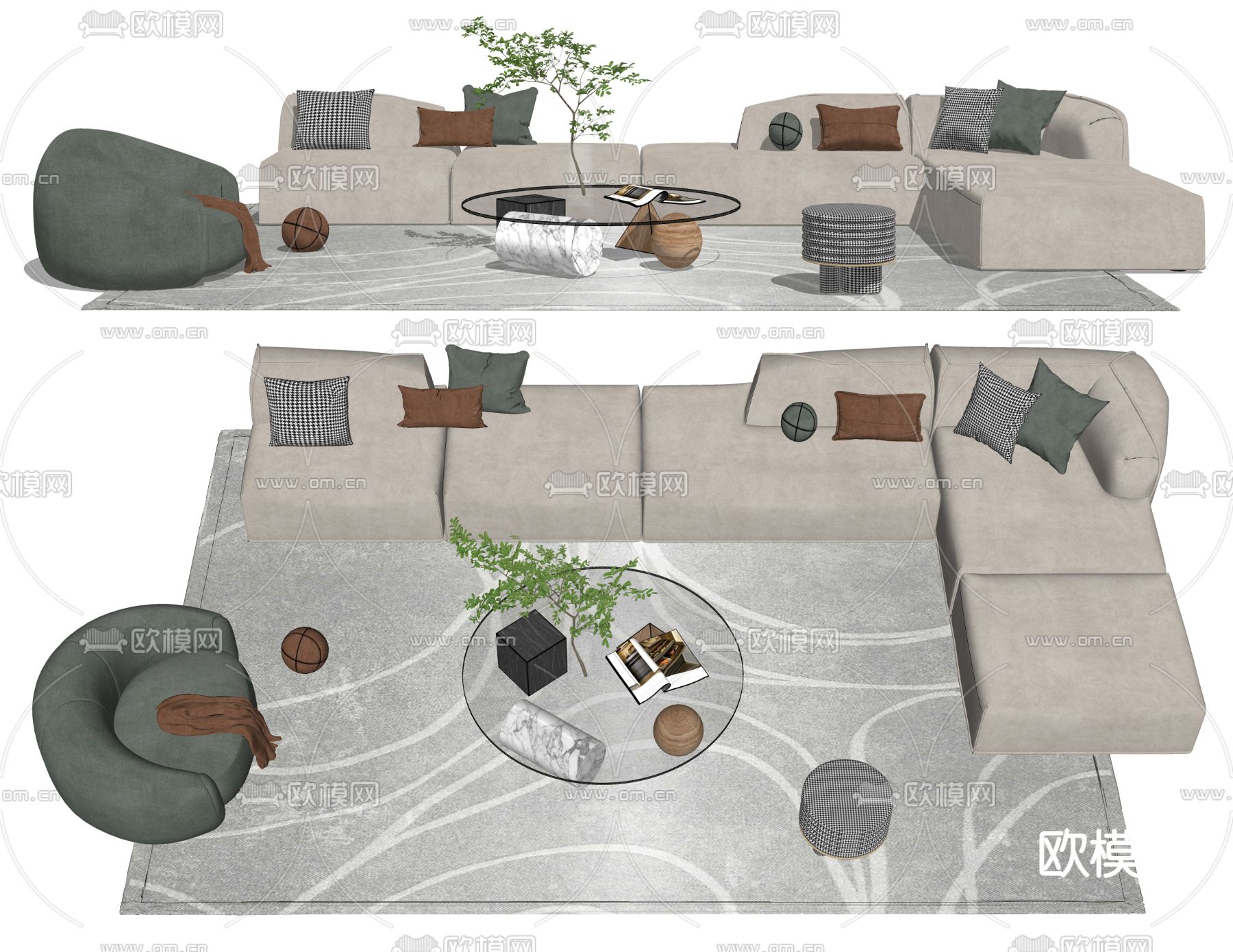现代布艺转角沙发su模型下载（渲染图2）
