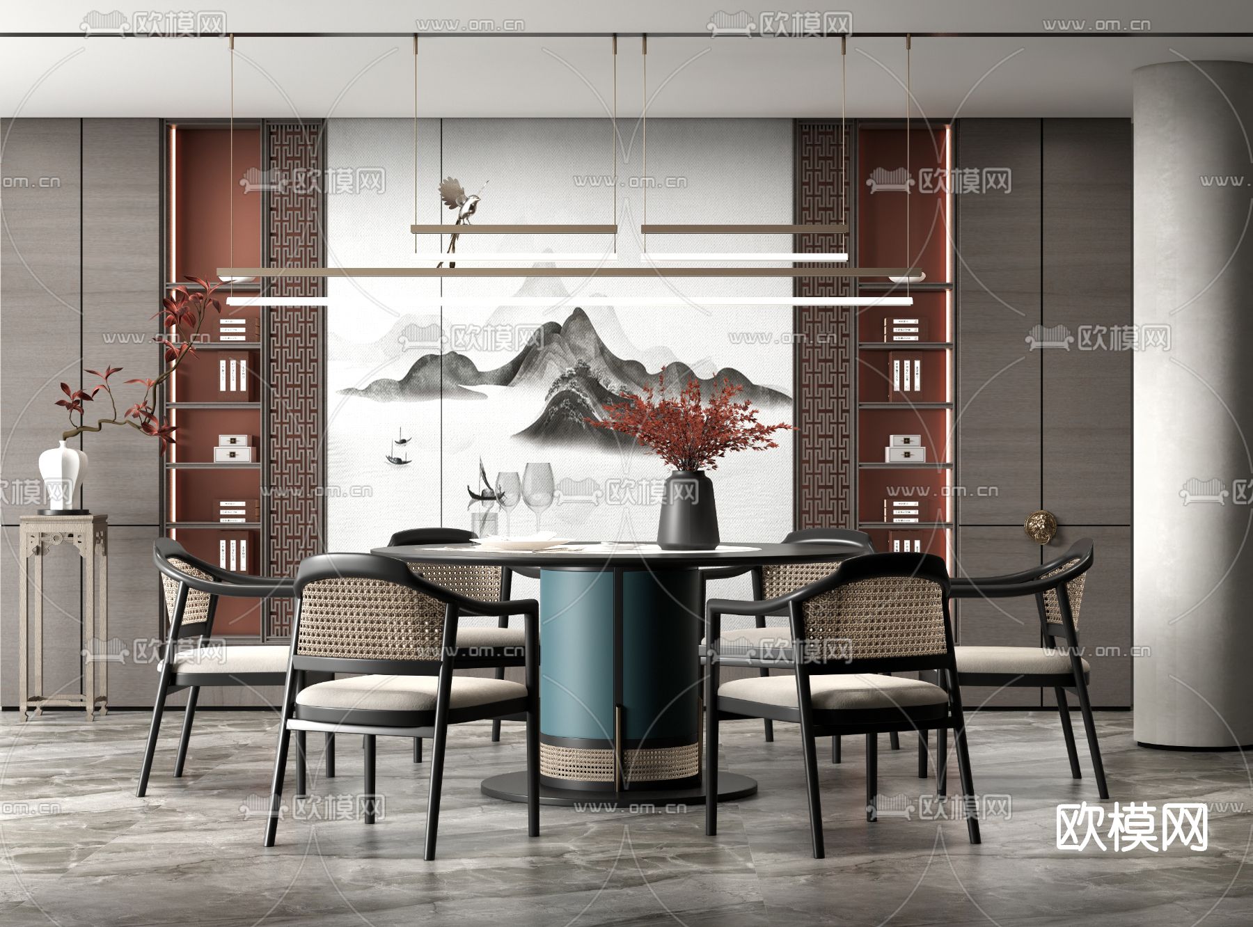 新中式圆形餐桌椅su模型