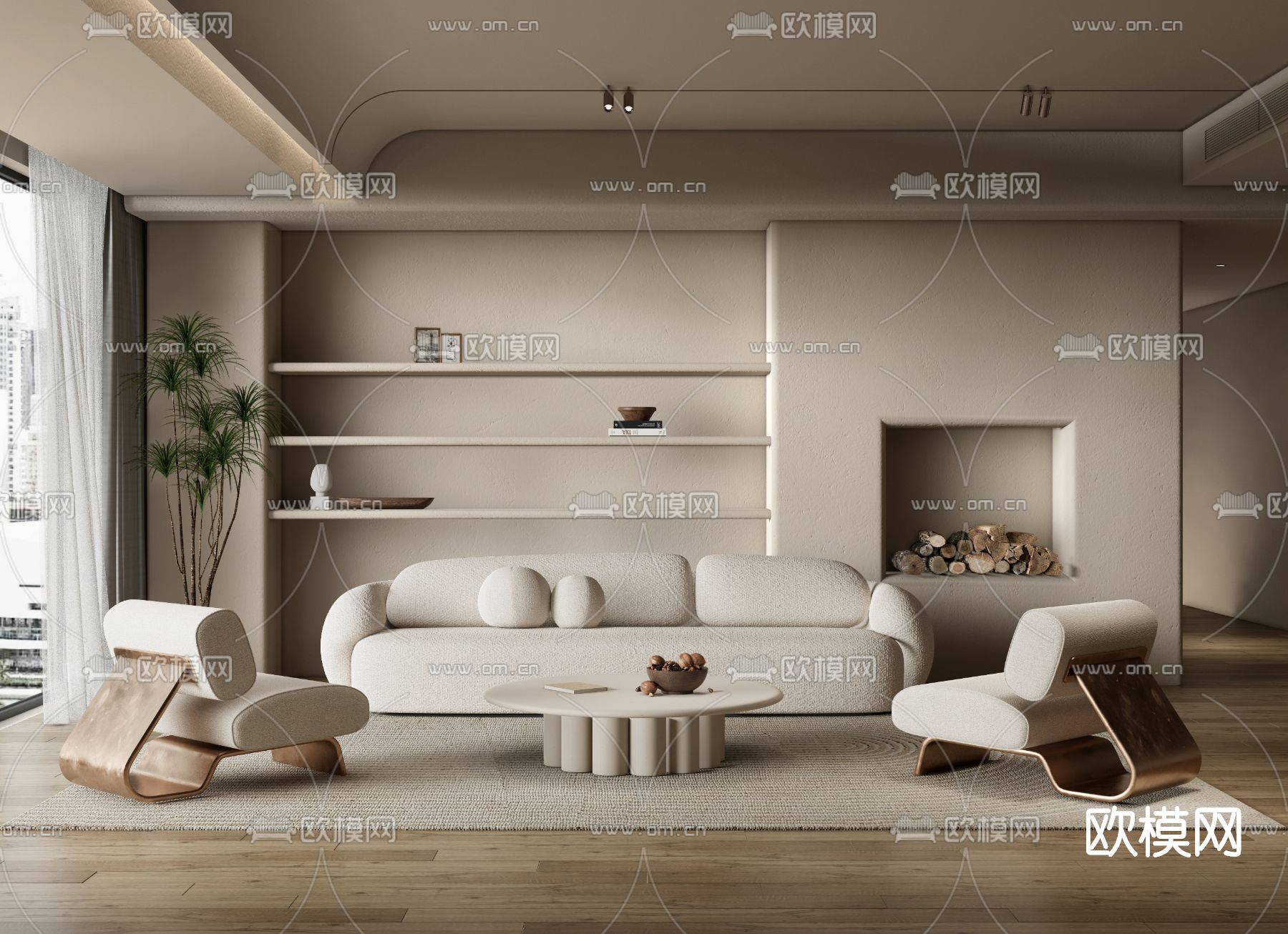 侘寂布艺沙发组合su模型下载（渲染图1）