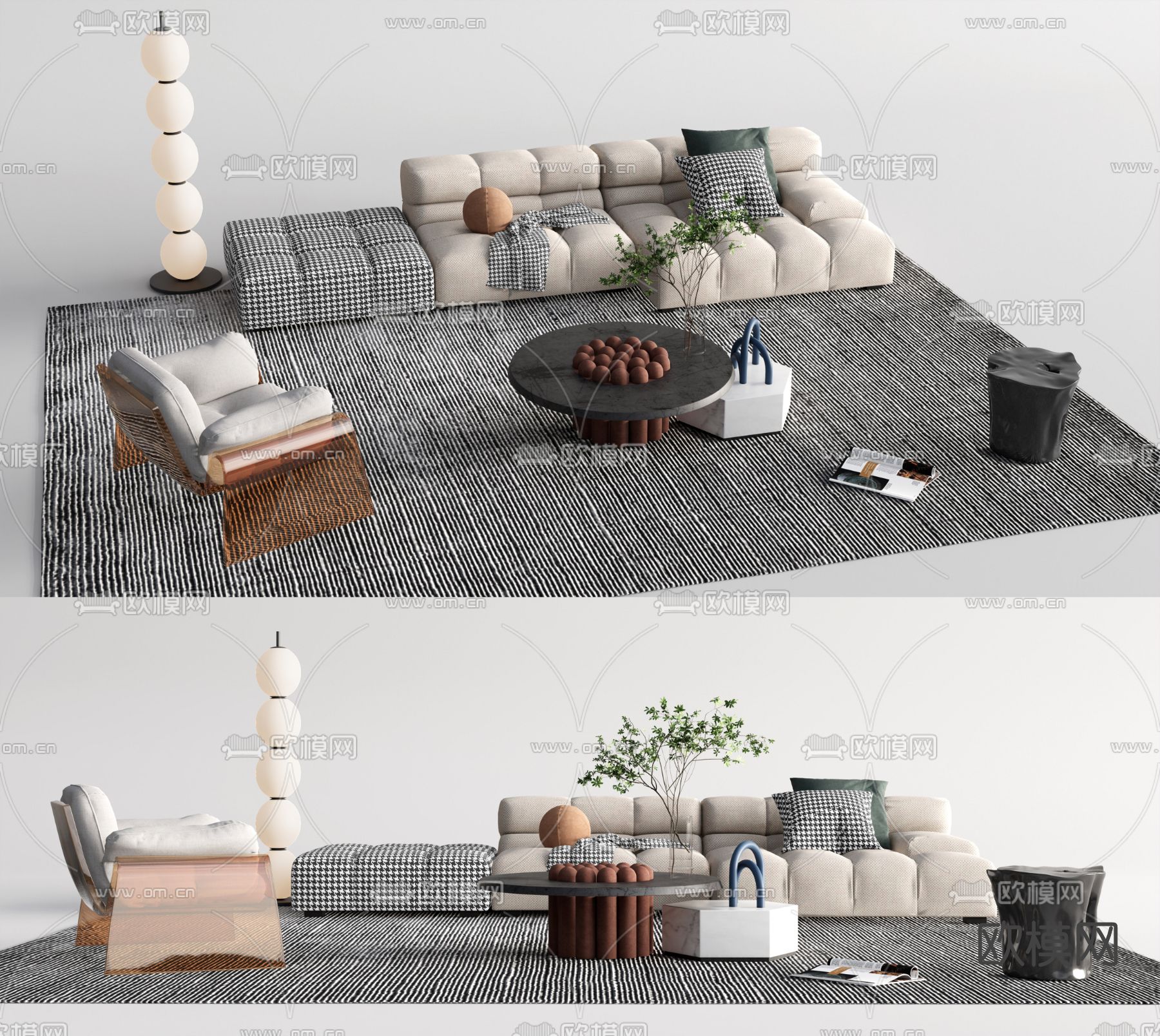 现代布艺沙发组合su模型