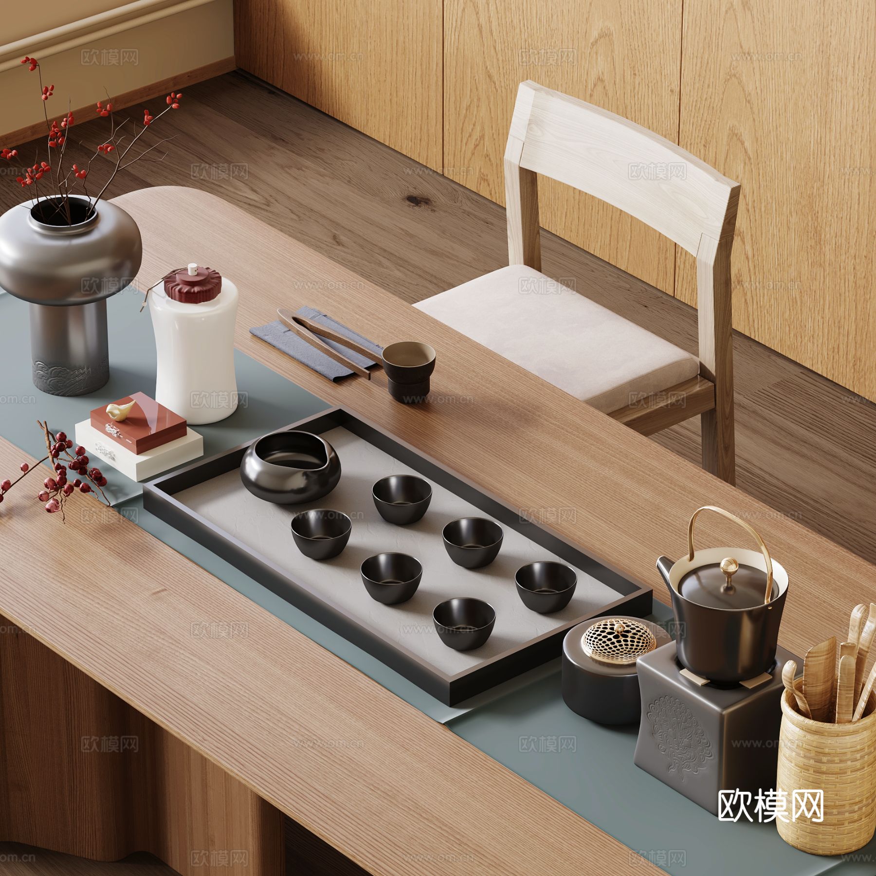 新中式茶具 茶壶 烧水壶 公道杯su模型下载（渲染图2）