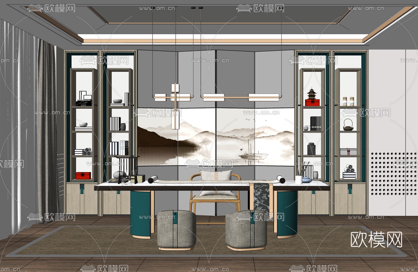新中式书房su模型下载（渲染图2）