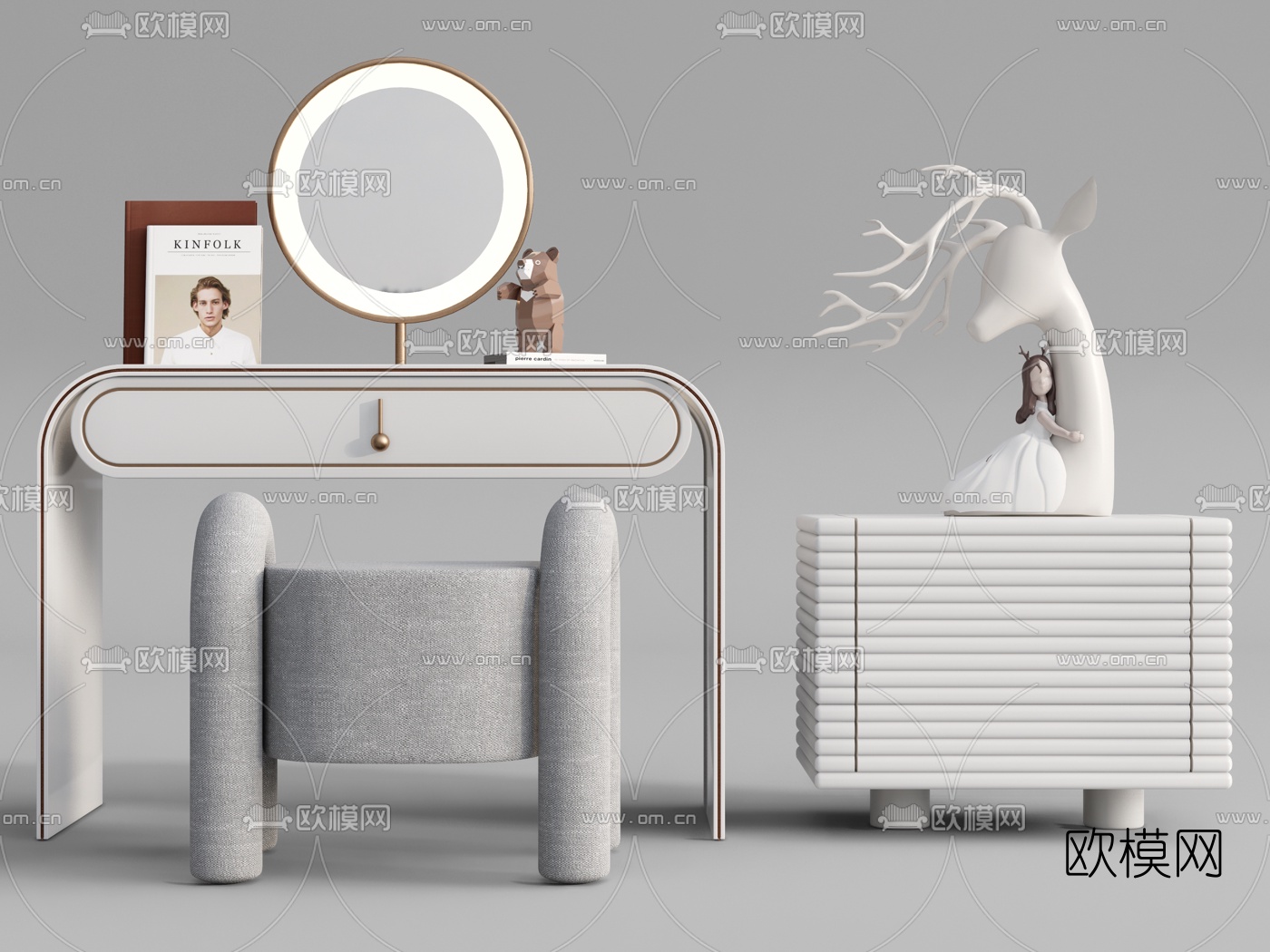 现代轻奢床头柜梳妆台su模型下载（渲染图1）