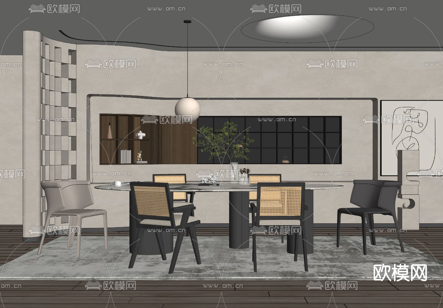 侘寂大理石餐桌椅su模型