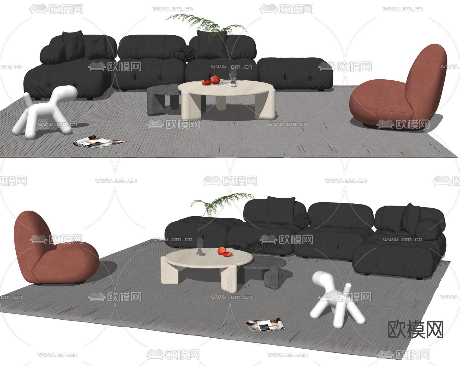 B&B Italia现代黑色转角组合沙发su模型下载（渲染图2）