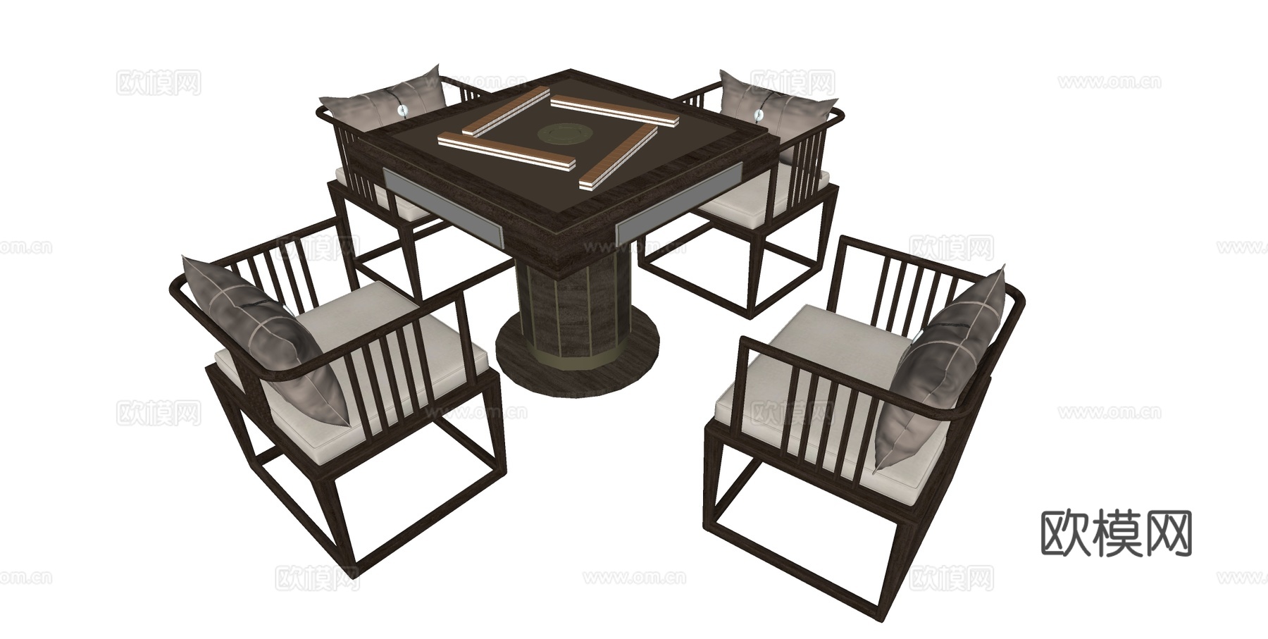 新中式皮革麻将桌椅su模型下载（渲染图1）