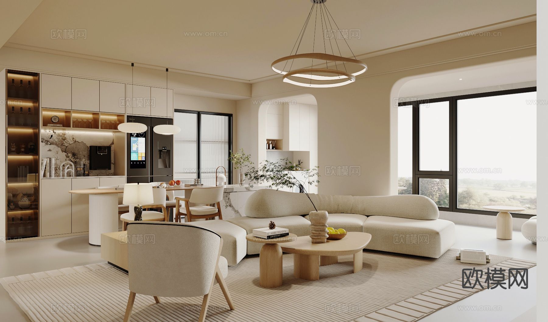 奶油风客餐厅 横厅3d模型下载（渲染图2）
