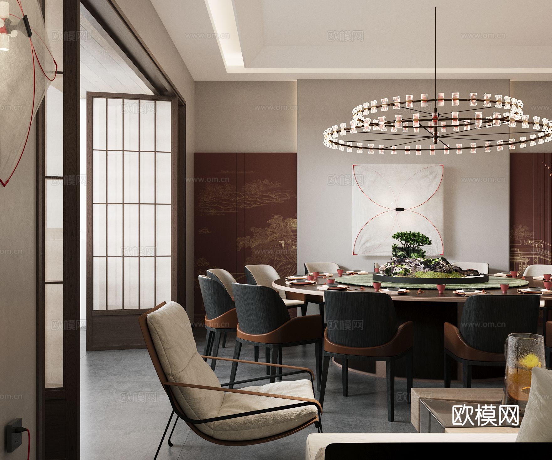 新中式餐厅包厢 包房su模型下载（渲染图2）