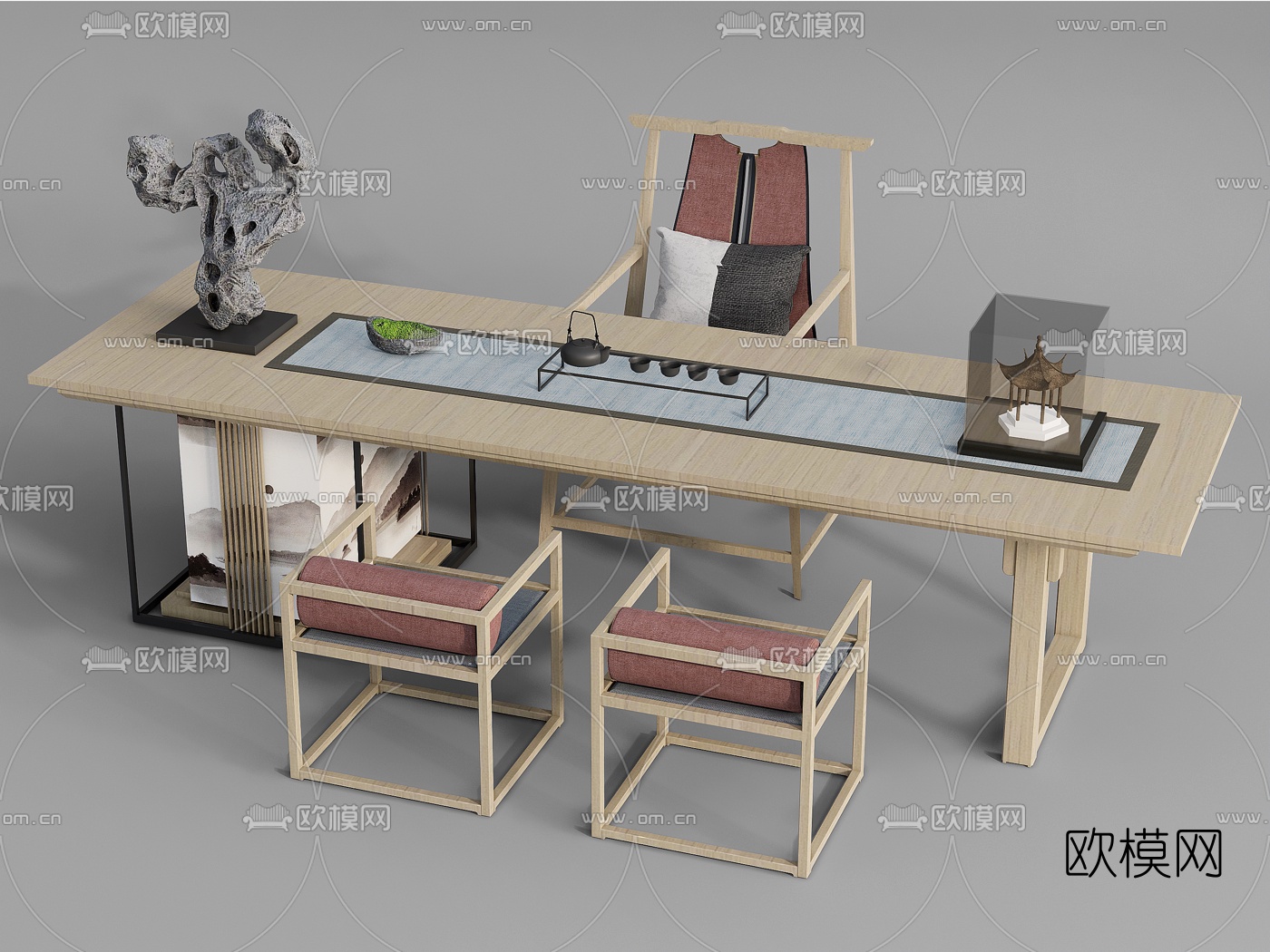 新中式实木茶桌椅su模型