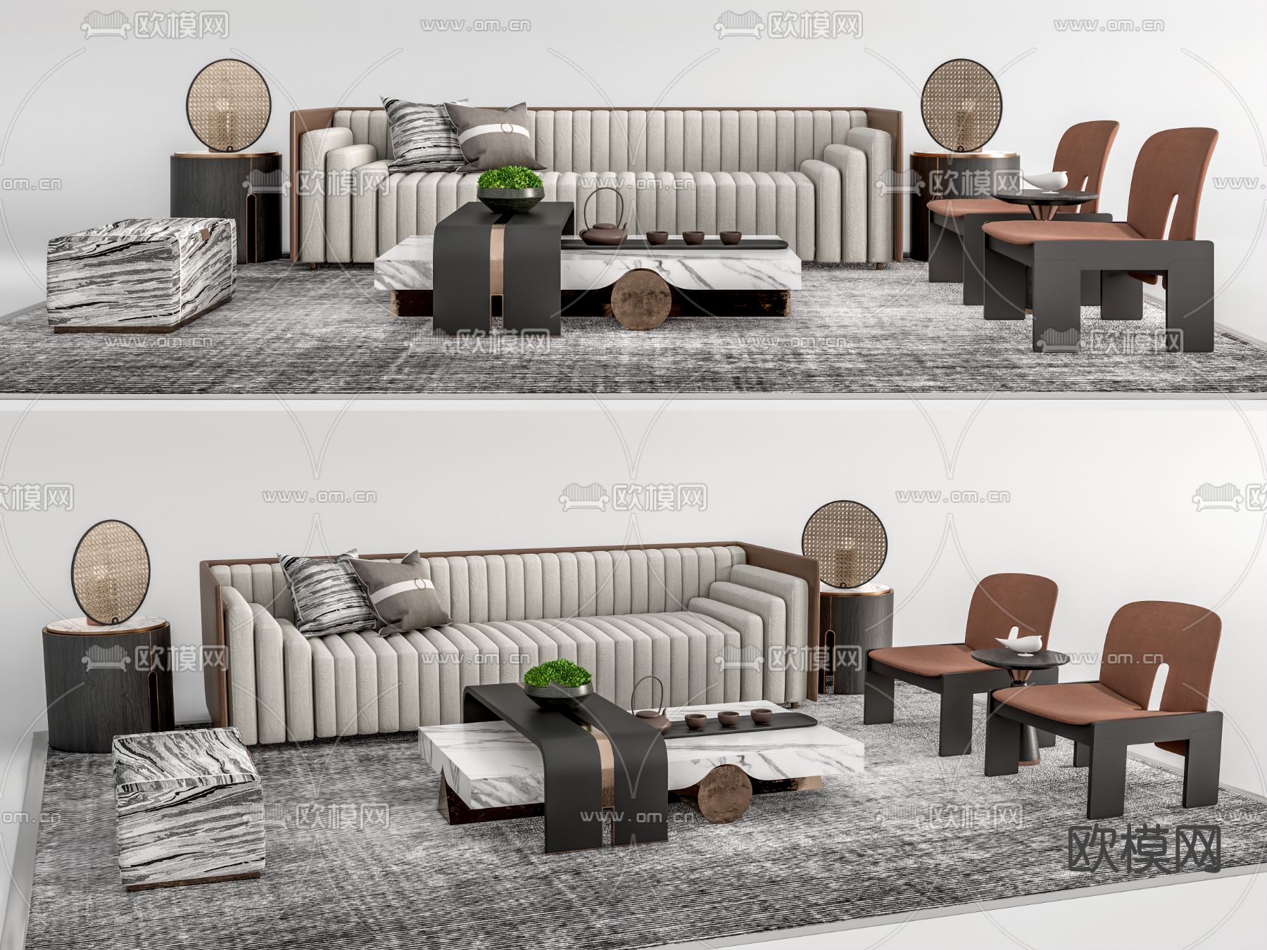 新中式布艺沙发组合su模型