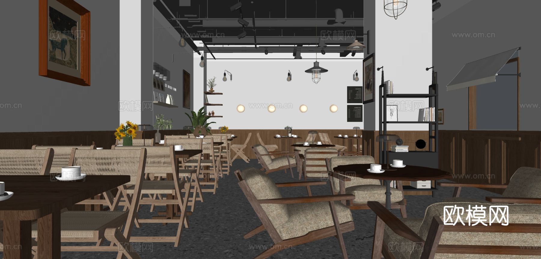 美式咖啡店 原木风咖啡厅su模型下载（渲染图1）